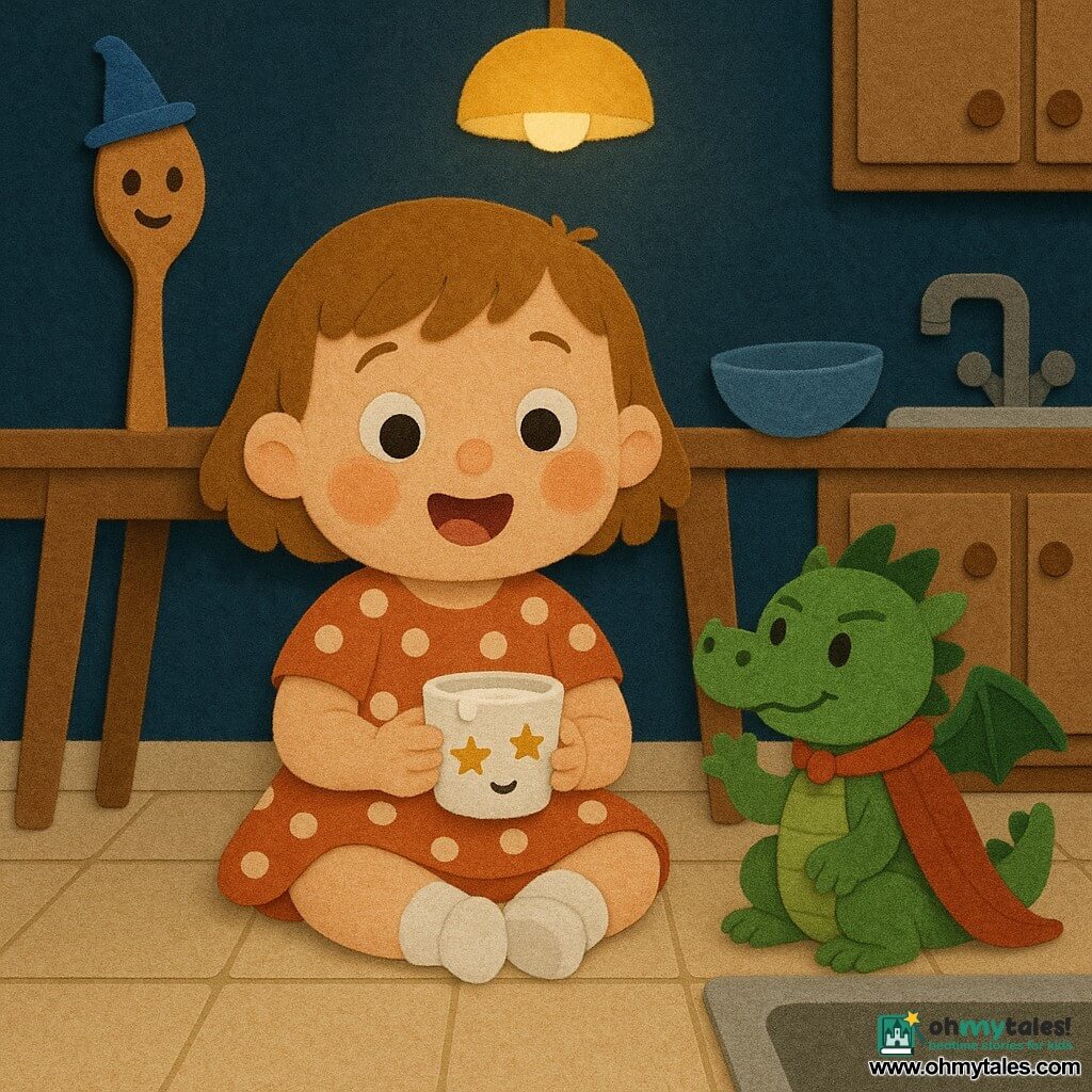 A 2-year-old girl, Mia, happy and amazed with a round face, rosy cheeks and short light brown hair, sits on the kitchen floor in a polka-dot dress and soft socks holding a small white star-patterned cup with a tiny drawn smiling mouth and milk drops at the center of the scene; a small green dragon named Sir Sizzle, the size of a loaf, mischievous and protective with a red dishcloth cape, sits near the sink to Mia’s right with a raised paw as if applauding; a large wooden spoon wearing a tiny blue wizard hat and smiling drawn eyes rests tilted on the table behind Mia as if speaking; simplified nighttime kitchen with a light wood table, an overturned bowl, shiny metal sink, beige tiled floor and warm hanging lamp creating a cozy, safe atmosphere; main moment: Mia has just retrieved the cup after it went “boop,” a tender, comic triumph with clear centered composition, simple shapes, bright contrasting colors, felt-like textures, clean outlines and readable silhouettes for toddlers.