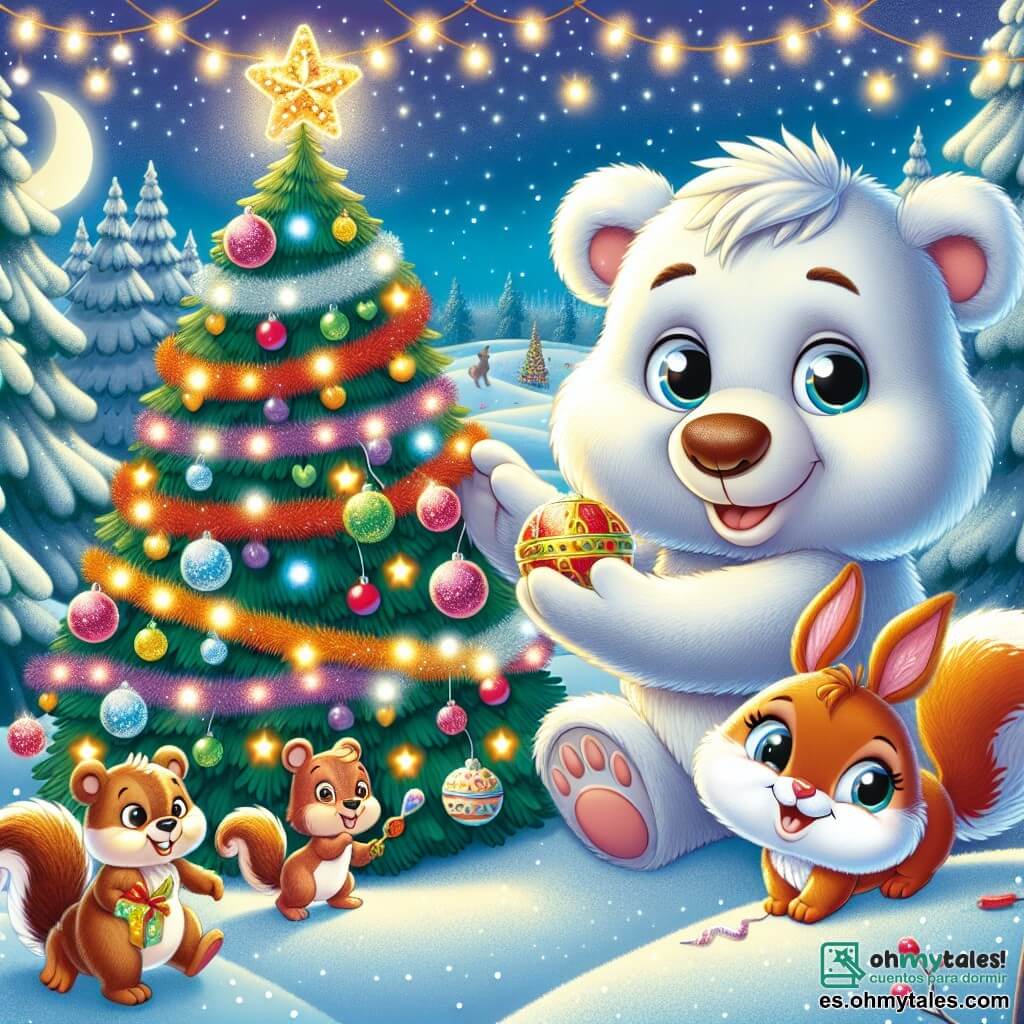 Un gran oso de peluche llamado Nieve, con un pelaje blanco y suave, una sonrisa cálida y ojos brillantes de alegría, está decorando un árbol de Navidad colorido con guirnaldas brillantes y adornos relucientes. A su lado, un pequeño conejo llamado Saltarín, con orejas largas y pelaje marrón, salta de alegría sosteniendo una hermosa campana dorada, mientras que una ardilla llamada Chispa, con pelaje rojizo y una cola esponjosa, cuelga plumas coloridas en las ramas, irradiando emoción. Al fondo, el paisaje es un hermoso bosque nevado, donde la nieve colorida brilla bajo la luz de la luna y las estrellas brillantes iluminan el cielo nocturno. La escena representa la magia de la Navidad, donde Nieve y sus amigos preparan juntos una fiesta alegre, llena de risas y felicidad.