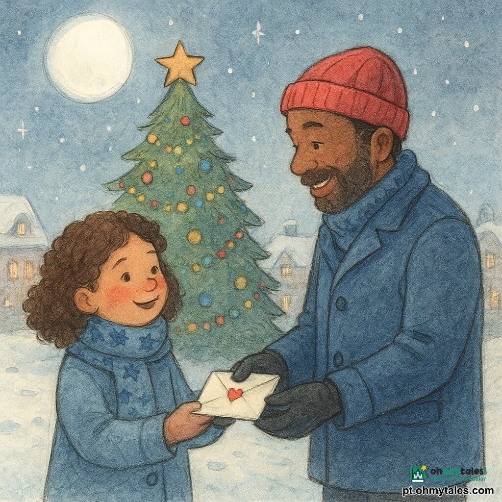 Uma menina de 8 ans, chamada Lia, com cabelos castanhos cacheados e bochechas vermelhas de frio, sorri calorosamente segurando um cartão nas mãos. Ela veste um casaco azul e um cachecol tricotado com estrelas azuis. Ao lado dela, um homem de cerca de 40 anos, o carteiro Rui, usa um casaco azul e um gorro vermelho, e sorri com gratidão olhando para Lia. Eles estão diante de uma grande árvore de Natal decorada com guirlandas coloridas e uma estrela ligeiramente torta no topo. Ao redor deles, a praça da vila está coberta de neve brilhante, com casas de telhados nevados e luzes de Natal que brilham suavemente na noite. A cena principal mostra Lia e Rui trocando o cartão, simbolizando um gesto de partilha e bondade, sob um céu estrelado com uma grande lua branca iluminando a cena.