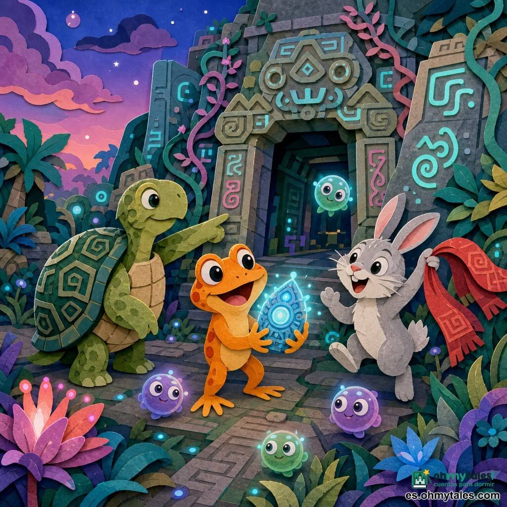 Un renacuajo antropomorfo de pelaje naranja brillante, ojos redondos y curiosos, sonrisa maravillada, sostiene un pequeño artefacto luminoso azul y lo mira con admiración; a su izquierda, una tortuga exploradora lenta, caparazón verde con motivos geométricos, expresión serena y benevolente, señala con la pata hacia un antiguo templo; a la derecha, un conejo blanco-gris de ojos vivos salta agitando un pañuelo rojo; varios pequeños Zorbitos esféricos flotan alrededor, cuerpos translúcidos violetas y verdes con grandes ojos sonrientes, rodean el artefacto con un resplandor suave; el escenario es un templo alienígena exuberante con muros esculpidos, enredaderas luminosas rosa y turquesa, flores brillantes y un cielo que va del azul al rosa en texturas superpuestas tipo papel; los amigos descubren juntos un comunicador extraterrestre en la entrada del templo, una luz brillante proyecta sombras suaves, atmósfera de asombro y cooperación.