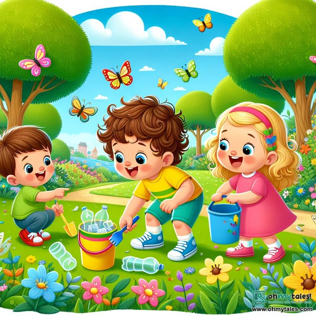 A 3-year-old boy named Sammy, with a bright smile, is wearing a vivid yellow t-shirt and blue shorts. His messy brown hair is tousled as he crouches down, enthusiastically picking up a piece of plastic in a park. Next to him, Lily, a 3-year-old girl with curly red hair in a pink dress, holds a colorful bucket and laughs while pointing at a pretty butterfly flying around them. Max, a 4-year-old boy in shiny blue shoes and blonde hair, leans down to pick up a plastic bottle, his face focused yet joyful. The scene takes place in a sunny park filled with tall green trees, colorful flowers dancing in the breeze, and a well-kept lawn. Birds are singing in the branches, and butterflies flutter around the children. The main situation shows Sammy and his friends cleaning up the park, laughing and having fun while picking up litter, highlighting the importance of caring for nature together.