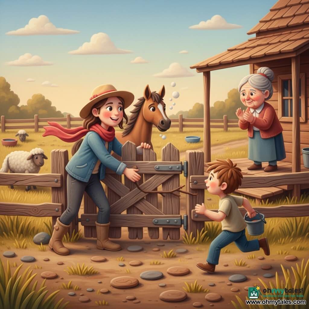 Sunny is a young, humble woman with rosy cheeks, a beige floppy hat, red scarf, dusty boots and denim jacket, pushing an old wooden gate shut with a stone and stick; Cocoa, a small gentle brown horse, stands calmly behind her; Mrs. Juniper, about 70 with gray hair in a bun and a warm, wrinkled face, applauds from the porch on the right; Pip, an eight-year-old boy with tousled brown hair and simple clothes, runs from the house holding a bucket; the sunlit farm has dusty ground, yellow grass, a cracked wooden fence, a low wooden house with a porch, water bowls and a few woolly sheep in the pen, and the gate finally closes with a small crack in the warm late-afternoon light.
