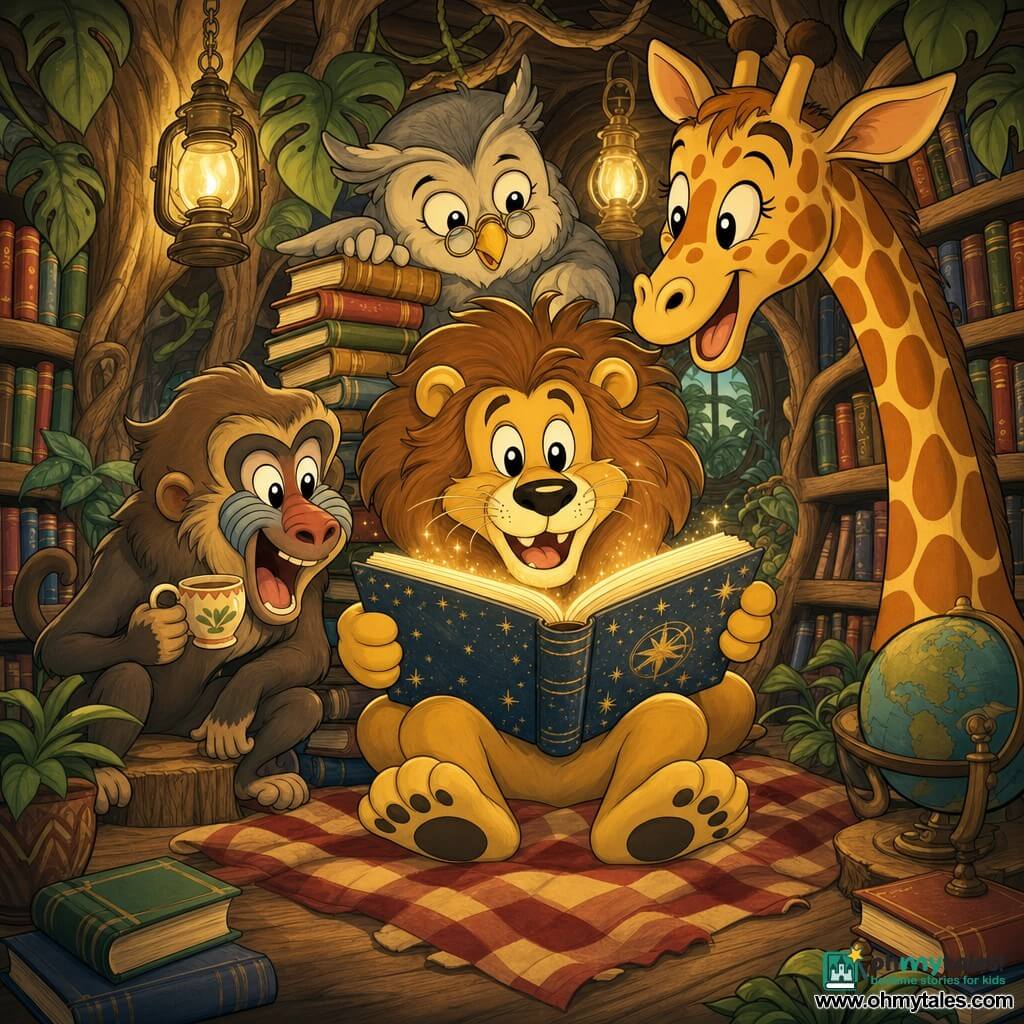 A golden-furred lion with a wavy mane, big bright round eyes and a warm smile sits on a checkered blanket holding a sparkling-covered book; a slightly distracted pearl-gray-feathered owl librarian with round glasses stands behind a leaning stack of books looking at the lion; to the lion's left a mischievous brown-haired baboon laughs while holding a small teacup, seated on a stump and leaning toward the book; from the right an elegant spotted giraffe with a long neck, twinkling eyes and alert ears bends to view the pages, its orange-and-cream spots contrasting; the setting is a jungle-library of intertwined trunks and wooden shelves, hanging oil lamps, oversized green leaves and hand-labeled colorful books; the scene shows a joyful shared moment as the lion opens the sparkling book and all the friends lean in, laughing and amazed under a golden halo of light, creating a warm, playful atmosphere.