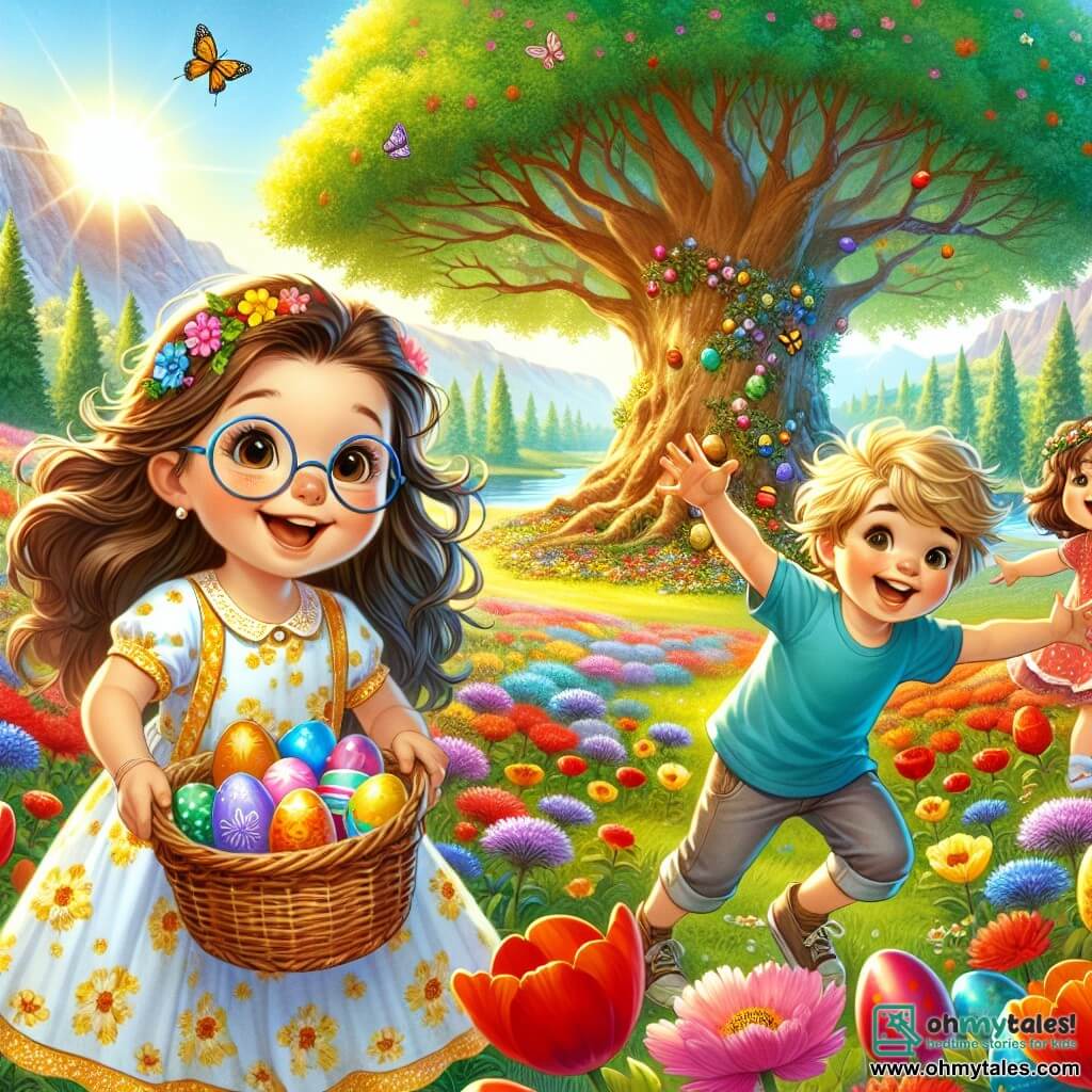 Three joyful children stand in the center of the image: Emma, an 8-year-old girl with long brown hair and round glasses, wearing a yellow floral dress and smiling while holding a wicker basket filled with colorful eggs; Max, a 7-year-old boy with messy blonde hair, wearing a blue t-shirt and shorts, excitedly pointing at a large tree; and Lily, a 6-year-old girl with curly hair and a small flower crown, wearing a pink dress and joyfully dancing with her arms raised. They are in a green field surrounded by vibrant flowers like red tulips and cornflowers. In the background, a majestic tree stands near a sparkling stream, where butterflies can be seen fluttering. The main scene shows the children discovering a hidden box behind the large tree, filled with shiny, colorful Easter eggs, with amazed expressions on their faces, ready to share their treasure with all their friends.