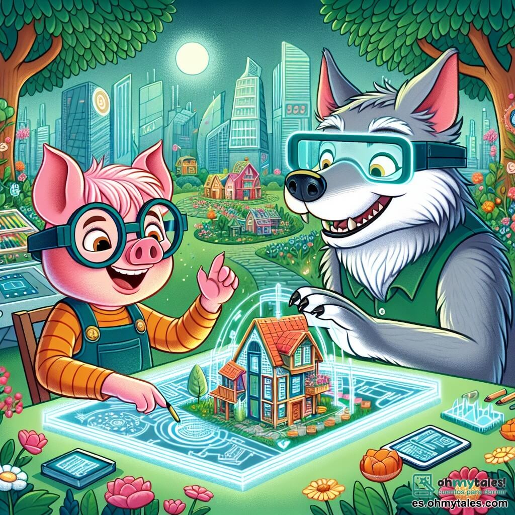 Uno de los Tres Cerditos, llamado Porci, es un cerdito rosa con gafas futuristas, que muestra una gran sonrisa de emoción. Está sentado frente a una mesa holográfica, dibujando planes para una casa futurista. A su lado, el Lobo Feroz, un lobo gris con un aire amigable y gafas de realidad aumentada, observa atentamente los dibujos, con los ojos brillantes de entusiasmo. La escena tiene lugar en un parque verde de la Ciudad Verde, lleno de árboles de hojas brillantes, flores coloridas y edificios modernos al fondo, donde la tecnología y la naturaleza coexisten armoniosamente. La situación principal muestra a Porci y al Lobo en plena colaboración, rodeados de maquetas de casas futuristas, simbolizando la unión de sus talentos para crear un hábitat sostenible e innovador.