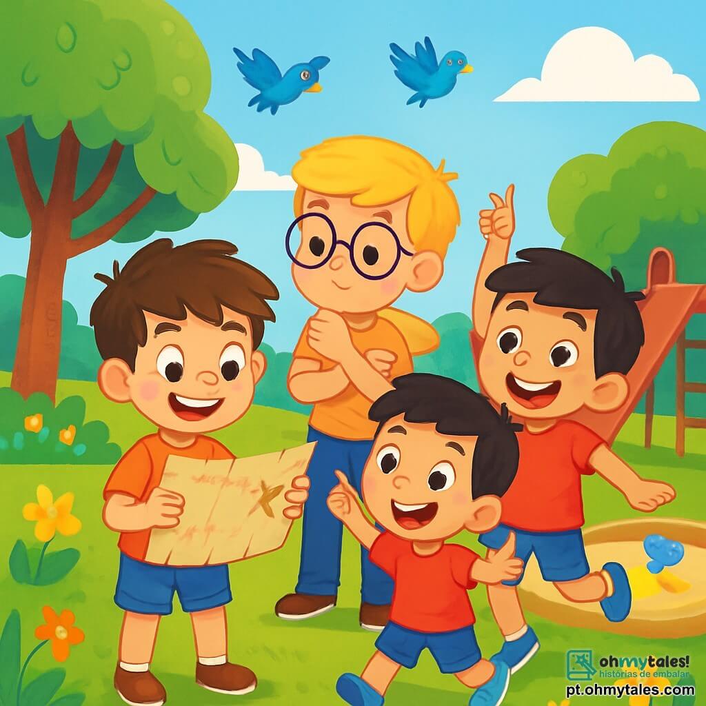 Há 4 crianças: - Pedro: Um menino de 9 anos com cabelos castanhos bagunçados e olhos curiosos. Ele segura um velho mapa de papel nas mãos, exibindo um grande sorriso. - Lucas: Um menino de 10 anos, com óculos redondos e cabelos loiros bem penteados. Ele observa o mapa com um olhar pensativo, de braços cruzados, ao lado de Pedro. - João: Um menino de 8 anos, com cabelos negros e uma camiseta vermelha vibrante. Ele está pulando de excitação, apontando para o mapa com um grande sorriso. - Miguel: Um menino de 9 anos, com cabelos castanho-claros e um short listrado. Ele faz uma cara engraçada, parado atrás dos outros, segurando uma pequena mochila cheia de materiais de investigação. A cena se passa em um parque ensolarado, com árvores verdes exuberantes, flores coloridas dançando ao vento e um grande escorregador vermelho. Ao fundo, há uma caixa de areia onde as crianças encontraram o mapa, com brinquedos espalhados ao redor. A situação principal mostra as crianças reunidas em torno do mapa, seus rostos iluminados pela empolgação de descobrir um tesouro escondido, cercadas por risos e cores vivas, prontas para a aventura, com pássaros voando alegremente no céu azul.