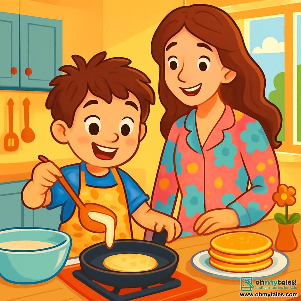 A 6-year-old boy with messy brown hair and sparkling eyes stands in a bright kitchen. He wears a blue t-shirt with stars and a pancake-patterned apron. His face radiates excitement as he pours pancake batter into a pan. Next to him, his mother, a woman in her 30s with long, wavy hair, wears a colorful pajamas and smiles tenderly, admiring her son. The warm kitchen has yellow walls, a large window letting in morning light, and a table decorated with a small flower in a vase. The scene depicts the boy preparing a surprise breakfast for Mother's Day, with golden pancakes cooking in the pan and a joyful atmosphere filled with love.
