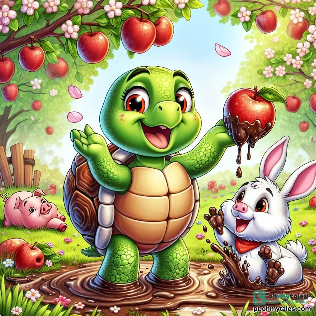 Uma tartaruga chamada Tita, com um bonito capacete verde brilhante e um grande sorriso alegre, está no centro da imagem, levantando as patas no ar com entusiasmo, pronta para compartilhar uma ideia brilhante. À sua direita, um pequeno porquinho chamado Pipo, com pelagem rosa e olhos brilhantes, está rindo, com as patas cheias de lama após escorregar em uma poça, adicionando um toque humorístico à cena. À esquerda, o travesso porquinho Rápido, um pequeno coelho de orelhas grandes e pelagem branca, está pulando alegremente, segurando uma maçã vermelha brilhante com as patas dianteiras. A cena se passa em um pomar florido, com ramos carregados de maçãs vermelhas e pétalas de flores brancas flutuando no ar. O chão está coberto de grama verde e pequenas flores coloridas, criando uma atmosfera alegre e viva. A situação principal mostra Tita, Pipo e Rápido se preparando para um grande desafio de pegar a maçã mais alta da árvore, cercados de risadas e excitação, ilustrando a amizade e a aventura em um cenário encantador.