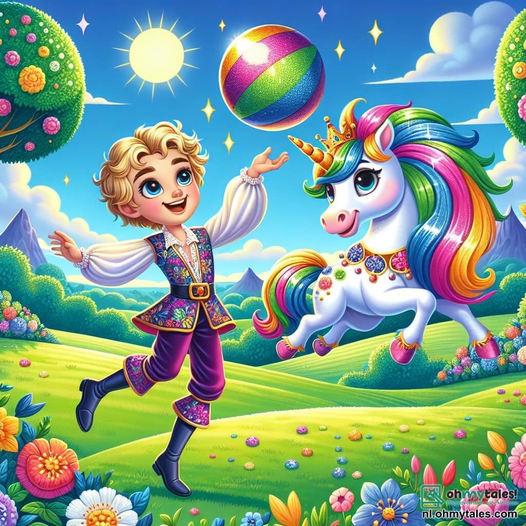 Prins Felix, een jongen van ongeveer 10 jaar met krullend blond haar en sprankelende ogen, gooit een grote glanzende bal de lucht in. Hij draagt een kleurrijke tuniek met bloemenpatronen en een fluwelen broek. Zijn gezicht straalt van opwinding en geluk. Naast hem springt een prachtige eenhoorn in felle kleuren, met een regenboogmanen die in de zon glinstert. Ze heeft grote zachte ogen en een vriendelijke glimlach, en lijkt klaar om de bal te vangen. De omgeving is een uitgestrekt groen veld, bezaaid met kleurrijke bloemen en grote bomen met glanzende bladeren. In de verte zijn betoverde bergen te zien onder een heldere blauwe lucht met enkele pluizige wolken. De hoofdscène toont prins Felix en de eenhoorn die samen spelen, met de bal in de lucht, omringd door een sfeer van magie en gelach, die de vreugde en vriendschap in dit betoverde koninkrijk illustreert.