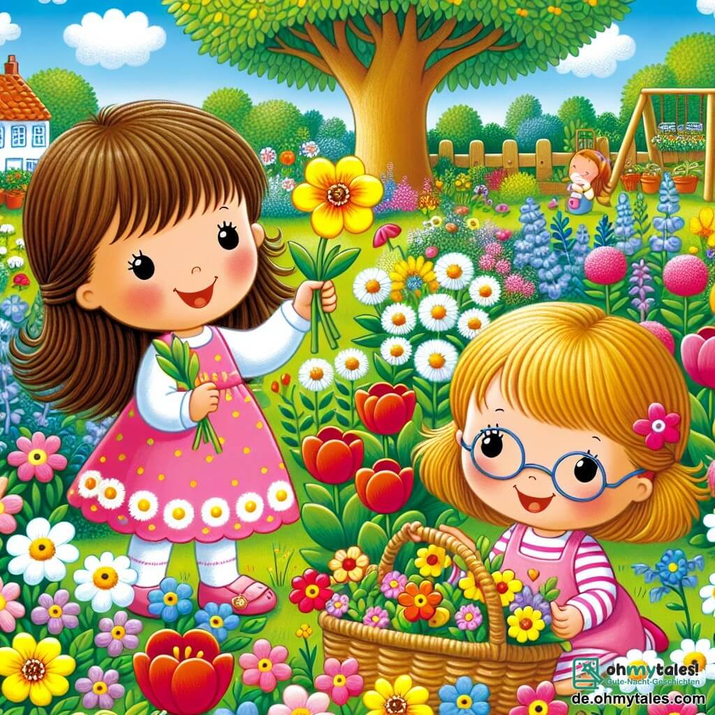 Drei kleine Mädchen, Mia, Lila und Emma, sind in einem sonnigen Garten versammelt. Mia, ein 7-jähriges Mädchen mit braunen Haaren und funkelnden Augen, lächelt fröhlich und hält eine gelbe Blume in der Hand. Lila, ebenfalls 7 Jahre alt, hat blonde Haare und trägt ein rosa Kleid, sie hockt neben einem Busch und pflückt rote Blumen. Emma, die Kleinste mit 6 Jahren, hat kastanienbraune Haare und eine Brille und steht neben einem großen Baum mit erhobenen Armen im Zeichen des Sieges, da sie den „Schatz“ an Blumen gefunden hat. Der Garten ist voller lebendiger Farben mit verschiedenen Blumen: roten Tulpen, weißen Margeriten und Veilchen. Der Himmel ist strahlend blau mit einigen fluffigen weißen Wolken. In der Ferne sieht man einen kleinen Gemüsegarten und eine Holzschaukel. Die drei Mädchen sind aktiv und feiern ihre Frühlingsschatzsuche, umgeben von Lachen und Freude, während sie die wunderschönen Blumen bewundern, die sie gemeinsam gepflückt haben.