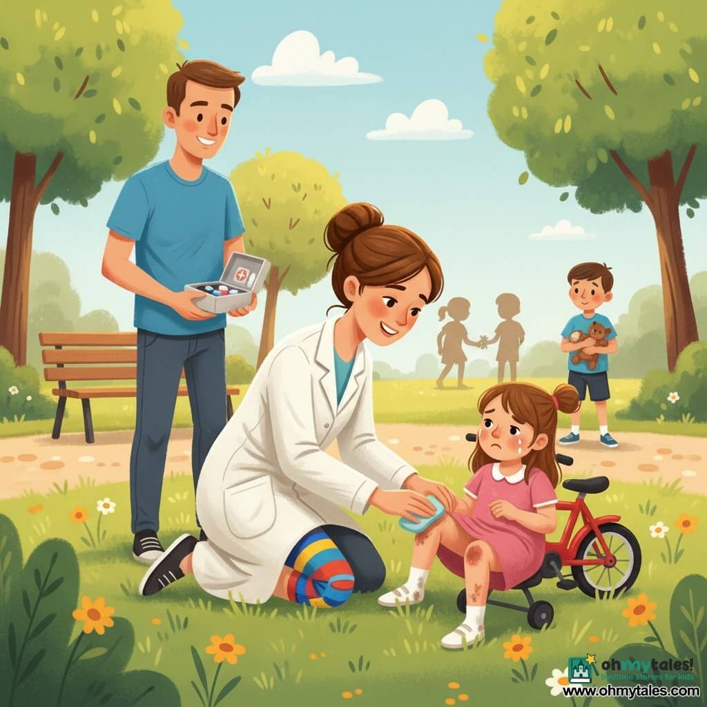 A smiling but focused female doctor with brown hair in a bun, a slightly wrinkled white coat and a colorful knee pad visible, kneels and calmly cleans a scraped knee with a compress; a male nurse (Benny), about 30, short hair and a blue t‑shirt, stands behind her on the left holding an open small medical kit and watching kindly; a little girl (Mia), about 5, in a pink dress with dirty knees and tears drying, sits on the grass to the right holding her small red bike, relieved but a bit shaky; in the background a boy (Timmy), about 6, holds a stuffed toy and watches from a distance, curious and reassured; the scene is a sunny park with green lawn, round‑leaf trees, a few yellow flowers, a gravel path, a wooden bench and blurred children playing; main action: the doctor treats the girl's scraped knee after a bike fall, in warm colors with visible gouache touches, thick paint textures and soft brushstrokes.