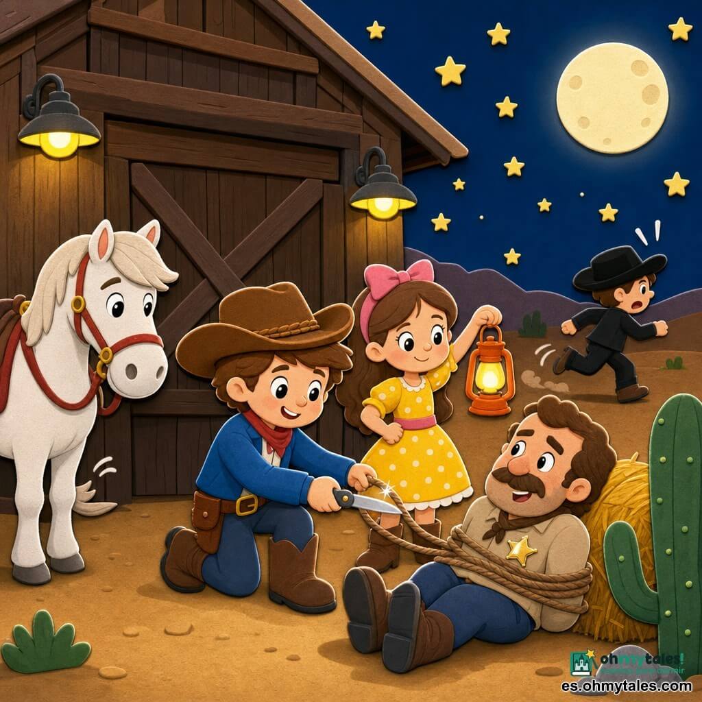 Tomás, joven vaquero valiente con sombrero marrón, chaqueta azul y grandes botas, sonríe mientras corta unas cuerdas con una navaja; Lila, una niña de unos 8 años con lazo rosa y vestido amarillo de lunares, sostiene una linterna naranja y mira orgullosa; el sheriff, de unos 40 años con una estrella brillante en la camisa beige, está sentado y aliviado junto a un montón de paja; un impostor huye hacia la derecha con sombrero negro; al fondo, a la izquierda, el caballo Sol, grande y blanco con brida roja; la escena nocturna frente a un gran granero de madera, suelo ocre, cactus a la derecha, luna y estrellas en un cielo azul oscuro y luces colgantes — ambiente alegre y festivo, colores vivos y contornos marcados.