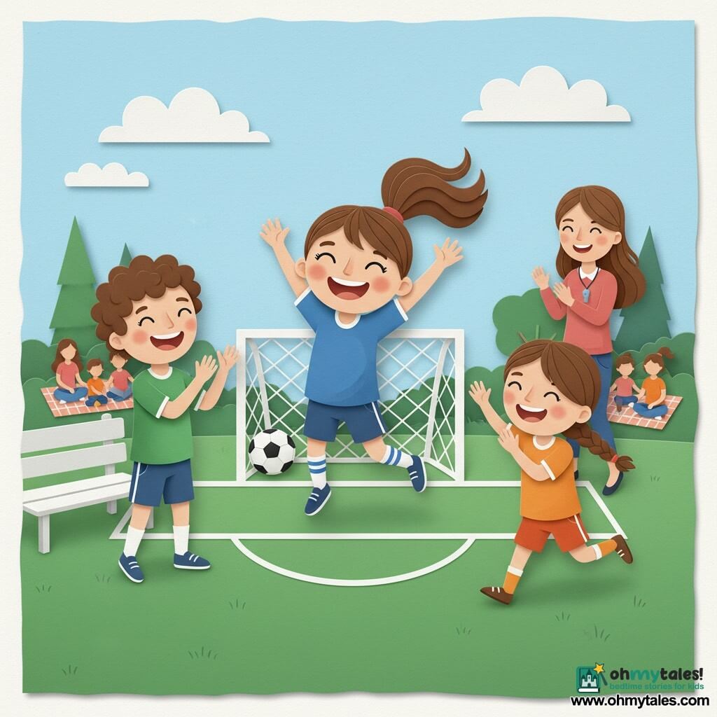 A joyful, radiant girl named Mia (around 10), brown hair in a ponytail, bright eyes, wearing a blue jersey and striped socks, jumps with arms raised celebrating a goal with the ball in the net behind her; to her left, smiling 11-year-old Sam with curly hair in a green jersey applauds from the sideline near the bench; to her right, shy but happy 9-year-old Lily with braided brown hair in orange runs toward Mia with hands raised; in the background Coach Lisa (about 35) with loose brown hair and a whistle applauds from the field edge; textured green grass, crisp white lines, a small metal goal with a white net, light blue sky with a few stylized clouds and trees, families on blankets; dynamic scene of victory and friendship rendered in cutout silhouettes, vivid contrasting colors, shadows and layered paper-style volume.