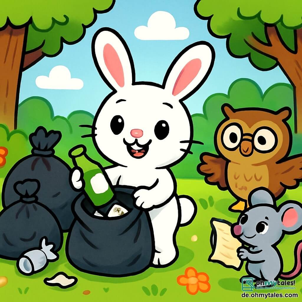Ein fröhlicher kleiner Hase namens Hoppel mit weißem Fell und großen Ohren steht in der Mitte der Szene, lächelt mit glänzenden Augen und sammelt Müll in einem Sack. Rechts von ihm hält eine kleine graue Maus namens Mimi, mit entschlossenem Blick, ein altes Papier in ihren kleinen Pfoten und schaut Hoppel bewundernd an. Links von ihm beobachtet ein weiser Uhu namens Uli mit braunen Federn und runden Brillen die Szene, die Flügel leicht ausgebreitet, als würde er seine Freunde ermutigen. Der Ort ist ein wunderschöner, grüner Wald mit majestätischen Bäumen, leuchtenden Blättern, bunten Blumen auf dem Boden und einem klaren blauen Himmel mit fluffigen weißen Wolken. Die Hauptsituation zeigt Hoppel und seine Freunde, die aktiv Müll sammeln, um ihren Wald zu reinigen, umgeben von Säcken voller Abfälle, während sie ihren Einsatz zum Schutz der Natur feiern.