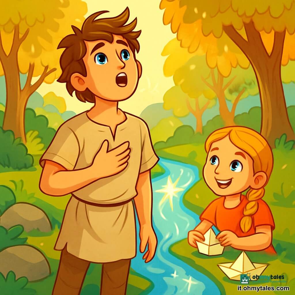 Ario, un uomo dal volto dolce e dagli occhi brillanti, si trova accanto a un ruscello scintillante, con un'espressione piena di meraviglia e determinazione. Indossa una semplice tunica di lino beige, leggermente stropicciata, e i suoi capelli castani sono scompigliati dal vento. Accanto a lui, una bambina di circa 8 anni, con i capelli biondi intrecciati, costruisce barchette di carta. Sorride gioiosamente, i suoi occhi brillano di curiosità mentre guarda Ario con ammirazione. Il luogo è un magnifico boschetto verdeggiante, con alberi maestosi dalle foglie dorate che danzano nella brezza. Il ruscello si snoda tra le pietre lisce, riflettendo i raggi del sole che filtrano tra i rami. La scena principale mostra Ario che canta una dolce melodia, mentre la luce del ruscello inizia a brillare intensamente, simboleggiando il ritorno del canto perduto tra gli uomini e gli dèi.