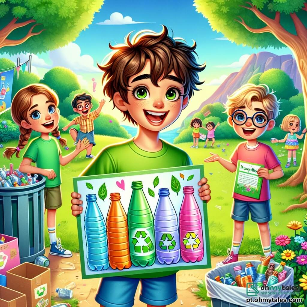 Um garoto de 10 anos, Léo, com cabelos castanhos bagunçados e um sorriso radiante, está no centro da imagem, segurando um grande painel colorido com a inscrição "Recicle!" e desenhos de garrafas e folhas. Ele é cheio de energia e entusiasmo, vestindo uma camiseta verde brilhante e um short azul. À sua direita, Ana, uma menina de 10 anos com óculos redondos e cabelos trançados, distribui panfletos coloridos aos transeuntes, seu rosto irradiando determinação. À sua esquerda, Pedro, um garoto de 10 anos com cabelos loiros e olhos brilhantes, explica com paixão como separar o lixo, segurando um balde cheio de recicláveis. A cena acontece em um parque verdejante, com árvores majestosas, flores vibrantes e um céu azul claro. Famílias e crianças brincam ao fundo, enquanto sacos de reciclagem estão dispostos em uma mesa decorada com desenhos de animais e natureza. Léo e seus amigos estão organizando uma campanha de reciclagem, cercados de sorrisos e entusiasmo, enquanto pessoas se aproximam curiosas para participar dessa bela iniciativa ecológica.