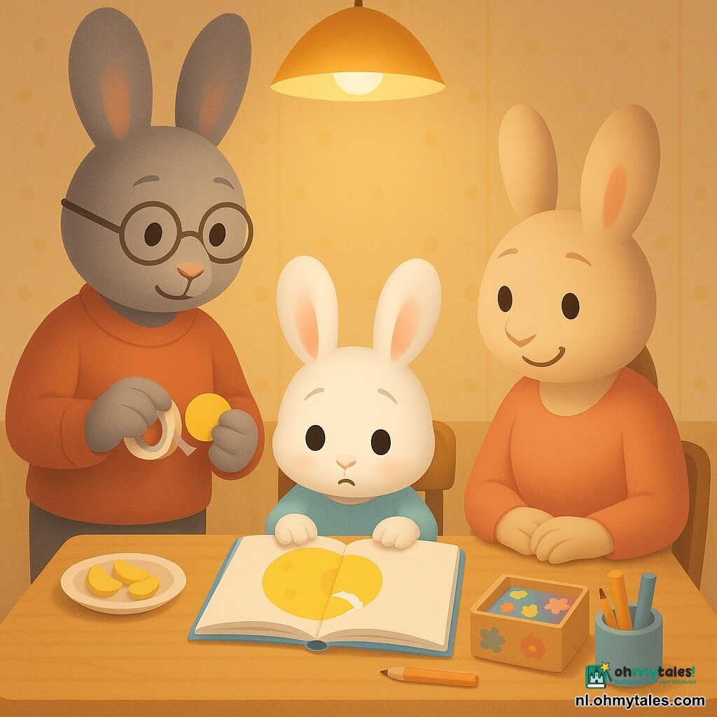 Een klein wit konijntje genaamd Kiki, met grote ronde oren en glanzende ogen, ziet er verlegen maar opgelucht uit; zij houdt een groot stickerboek open en toont een gele maan met een klein scheurtje. Mama Konijn, een beige vrouwtje met een zachte glimlach, zit rechts met handen op tafel, lief en geduldig, klaar om te helpen. Papa Konijn, een grijs konijn met ronde bril, staat links en houdt een rolletje plakband en een uitgeknipt geel papiertje vast, kalm en bemoedigend. De scène speelt zich aan tafel in een warme keuken af, gele lampverlichting, bordjes met bananenstukjes, doos met kleurige stickers, pot met kleurpotloden, lichte houttexturen en eenvoudige muurstippen. Situatie: een moment van reparatie en eerlijkheid — Kiki toont de gescheurde maan terwijl haar ouders troosten en een klein papieren “verband” klaarmaken om de sticker te herstellen, zachte geruststellende sfeer.