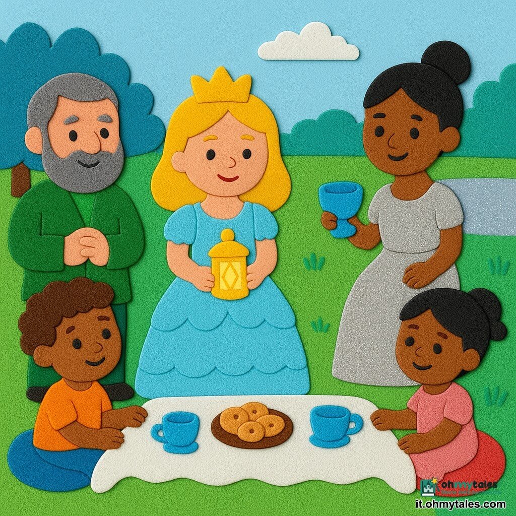 La principessa Livia sorride dolcemente, viso rotondo e occhi chiari, in abito azzurro pastello con volants, tiene una piccola lanterna di cristallo luminosa al centro; il signore Olmo, uomo di circa 50 anni con barba corta e capelli grigi, in giacca verde di feltro, è a sinistra con le mani giunte e sguardo benevolo verso la principessa; la signora Perla, donna di circa 45 anni con chignon e abito perlaceo argentato, è a destra con una coppa d’acqua lucente e un sorriso; un ragazzo del Bosco di circa 7 anni dai capelli ricci e una bambina del Lago di circa 6 anni tengono ciascuno un angolo di una lunga tovaglia bianca, seduti su cuscini colorati davanti alla principessa; ambientazione: ampio prato del castello con erba verde, cuscini pouf colorati, biscotti e tazze di tè, alberi blu del Bosco a sinistra e un lago argentato a destra; scena pacifica e prudente: la principessa posa la lanterna sulla tovaglia mentre adulti e bambini sorridono timidamente; colori tenui, contorni semplici, forme rotonde e texture morbide adatte ai più piccoli.