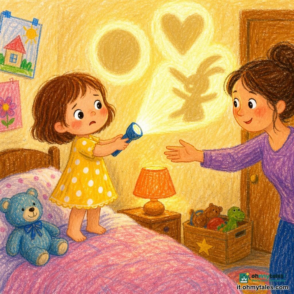 Bambina di 2 anni dagli occhi tondi e brillanti, giocherellona ma un po' preoccupata, tiene una mini torcia che proietta cerchi di luce sul muro; capelli corti castani, guance rosate, vestitino giallo a pois bianchi, piedi nudi sul letto; una donna sui 30 anni, madre, dal viso dolce e rassicurante è seduta sul bordo del letto a destra, sorride e tende la mano; un orsetto di peluche blu, morbido e consumato, è vicino al cuscino; la stanza è piccola e calda con muri crema, una lampada da comodino emette una luce arancione soffusa e una cassa di giocattoli in legno è vicino alla porta; la torcia trasforma un'ombra in una forma divertente sul muro mostrando un grande cuore luminoso e un cerchio; stile grafico a tratti di matita spessi, colori saturi e texture pastello, atmosfera dolce e rassicurante, composizione semplice e leggibile per un bimbo di 2 anni.
