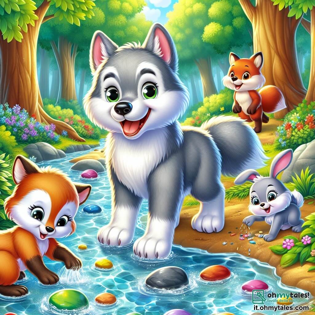 Un lupo grigio e morbido, di nome Lupo Lello, si trova felice accanto a un fiume scintillante, con un grande sorriso sul volto. I suoi occhi brillano di eccitazione mentre guarda l'acqua chiara. Accanto a lui, un coniglietto di nome Rino salta allegramente, curioso mentre raccoglie piccoli sassi colorati. Un po' più in là, la volpe Fifi, con il suo pelo rosso, usa la coda per spazzare le foglie. L'orsetto Berto, robusto e marrone, solleva pietre più grandi con determinazione. La scena è ambientata in una foresta verdeggiante con alberi maestosi e fiori colorati. Il fiume, che scorre serpeggiando, crea un'atmosfera pacifica e gioiosa. Lupo Lello e i suoi amici collaborano per costruire una piccola diga, circondati da risate e amicizia, mentre i pesci saltano felici nell'acqua.