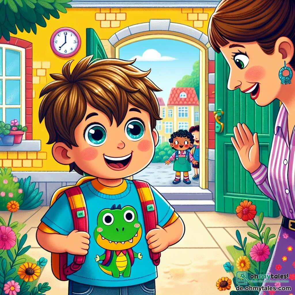 Ein kleiner Junge von 4 Jahren, Max, mit zerzausten braunen Haaren und neugierigen Augen, steht vor der Tür des Kindergartens. Er trägt ein leuchtend blaues T-Shirt mit einem Dinosaurier-Motiv und einen kleinen roten Rucksack auf den Schultern. Sein Gesicht zeigt eine Mischung aus Aufregung und ein wenig Nervosität, mit einem großen Lächeln und rosigen Wangen. Neben ihm ermutigt seine Mama, eine Frau in den Dreißigern mit hochgesteckten braunen Haaren, ihn mit einem warmen Lächeln und hält seine Hand. Sie stehen vor einem bunten Gebäude mit gelben Wänden und grünen Fensterläden, umgeben von bunten Blumen und einem großen Baum. Die Szene zeigt Max, der bereit ist, in den Kindergarten zu gehen, während er mit Staunen die anderen Kinder beobachtet, die um ihn herum spielen und lachen, während eine lächelnde Lehrerin sie am Eingang begrüßt.