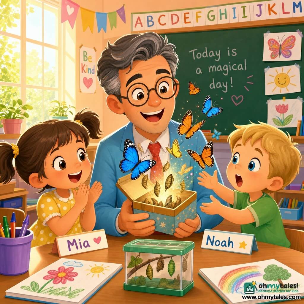 A smiling, awed schoolteacher with light gray-streaked hair, round glasses, a light blue jacket and red tie gently holds a small open box from which colorful butterflies (blue, orange, yellow) emerge; to his left Mia, about 6, with brown pigtails in a yellow polka-dot dress claps joyfully, and to his right Noah, about 5, blond in a green T‑shirt, leans forward with hands ready; the warm classroom with pastel walls, large sunlit windows, alphabet posters and a green board filled with children’s drawings frames the magical, joyful moment.