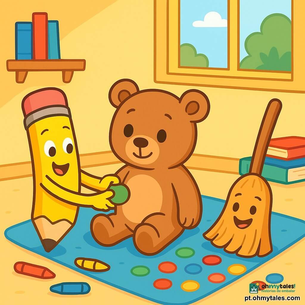 Lápis, um lápis de cor amarelo brilhante com um grande sorriso e olhos brilhantes, está examinando atentamente uma gommeta verde colada na barriga de um urso de pelúcia. O urso, macio e fofinho, tem um olhar tímido e um leve sorriso, sentado em um tapete azul, um pouco pegajoso por causa da cola. Ao lado deles, uma pequena vassoura, com pelos marrons e um rosto alegre, está varrendo gommetas coloridas espalhadas pelo chão. O local é um ambiente iluminado, cheio de lápis, gommetas e livros, com uma grande janela deixando entrar a luz do sol. A situação principal mostra Lápis e seus amigos em uma investigação para encontrar as gommetas perdidas, cercados por cores vibrantes e uma atmosfera alegre e amigável.