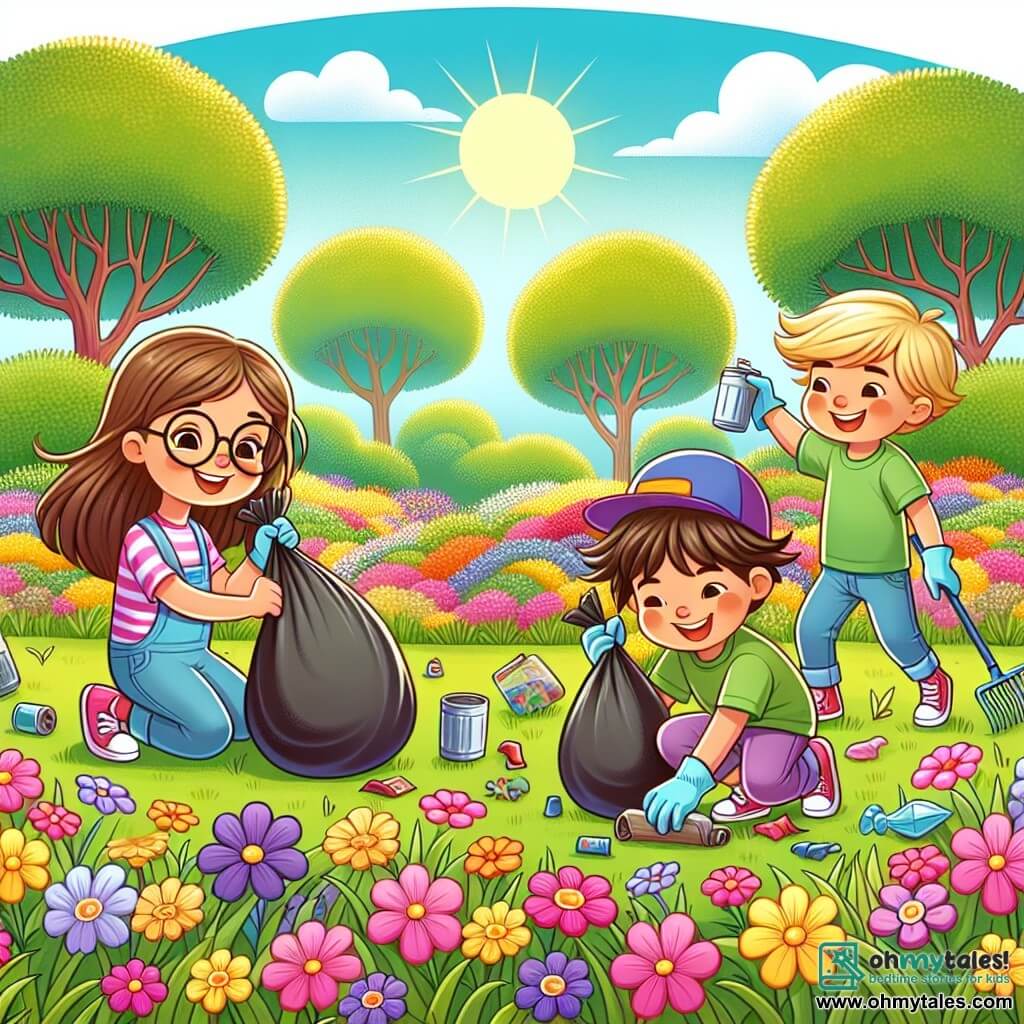 In a sunny small park, three children are cleaning the ground. Mia, an 8-year-old girl with long brown hair and round glasses, is crouching with a large trash bag, smiling as she picks up colorful litter. Next to her, Leo, a 9-year-old boy with messy blonde hair and a green t-shirt, proudly holds up a shiny can he just found. Sam, a 7-year-old boy with brown hair and a blue hat, joyfully dances while holding a gardening glove, surrounded by colorful flowers. The park is lush with vibrant grass and majestic trees, and pink, yellow, and purple flowers add splashes of color under a clear blue sky. The children are engaged in a big cleanup operation, laughing and encouraging each other as they collect waste to make their park more beautiful and cleaner.