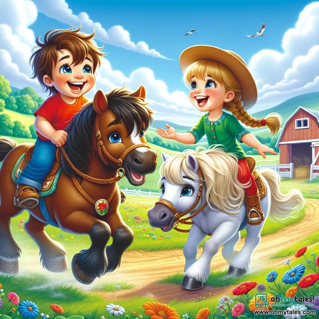A 2-year-old boy with messy brown hair and a bright smile is sitting on a large brown horse named Star. He wears a bright red t-shirt and blue shorts, showing an expression of joy and excitement. Next to him, a 5-year-old girl with long braided blonde hair and a pretty straw hat rides a white horse named Snow. She laughs and reaches out to Max, as the two friends share a moment of happiness. The setting is a beautiful green meadow dotted with colorful flowers under a bright blue sky with fluffy white clouds. In the distance, a barn with open doors and farm tools can be seen. The main scene shows Max and Lily playing a game of tag on horseback, laughing and joyfully running through the meadow, their horses trotting side by side, creating a lively and friendly atmosphere.