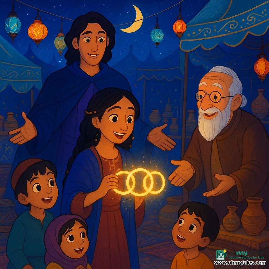 Layla, about 28, olive skin, long braided black hair with gold beads, smiles in wonder as she holds a shimmering chain of three glowing rings; behind her stands Zephyr, about 35, slender in a midnight-blue cloak with violet sheen and glowing golden eyes, arms slightly raised as if presenting the scene; a smiling elderly vendor, about 70, with a long white beard, wrinkled skin and round glasses reaches for the chain near his stall; three village children (boys ~8 and ~10, girl ~7) in colorful clothes kneel or sit in the foreground, mouths and eyes wide with amazement; all set in the Whispering Bazaar under a starry night—embroidered gold-and-turquoise tents, garlands of colored glass lamps casting warm halos, stacked geometric rugs and glittering jars and lanterns—while the Three Rings of Peace radiate light that casts luminous patterns on faces and fabrics, creating a magical, warm, peaceful atmosphere with rich tones of midnight blue, gold, turquoise and purple.