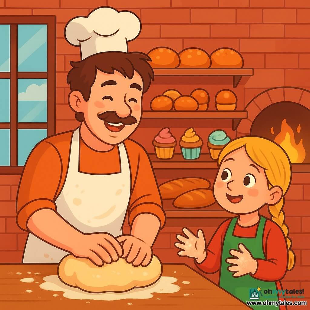 A smiling and warm baker named Thomas, with slightly tousled brown hair and a mustache, wears a white apron dusted with flour. He is kneading brioche dough, his hands buried in the soft, sticky texture, with a joyful concentration on his face. Next to him, a small girl named Ana, about 7 years old, with braided blonde hair and rosy cheeks, watches in wonder, her hands covered in flour, ready to help. The setting is a charming bakery with red brick walls, wooden shelves filled with golden bread and colorful pastries, and a large window letting in morning light, illuminating the scene with a soft glow. The main situation shows Thomas and Ana working together, laughing and sharing a moment of closeness as they shape dough balls, surrounded by the delicious smell of fresh bread baking in the oven.