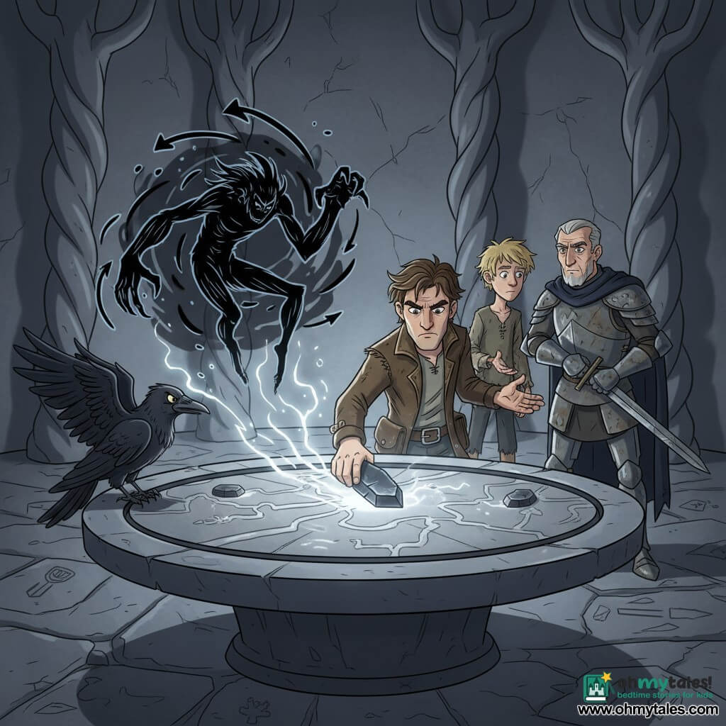Aldren, focused and determined, presses a silver-veined black keystone onto an engraved stone table in a vast underground chamber; Sir Caldus, a battle-worn middle-aged knight in a dark cape, stands protectively with his sword pointed at a rift spitting dark lines as a creature of arrows and black streaks recoils; Tovin, about 13, dirty-blond and ragged, ashamed but relieved, reaches toward Aldren from slightly behind and to his right, while a glossy black crow perches on the table edge, wings half-spread; the hall has polished gray-marble walls, twisted tree-like pillars and a floor of slabs carved with roads and symbols, a central relief map shimmering with a faint silver glow as the keystone seals the rift—tense, heroic mood, cool silvery light against deep shadows, sharp textures and saturated colors.