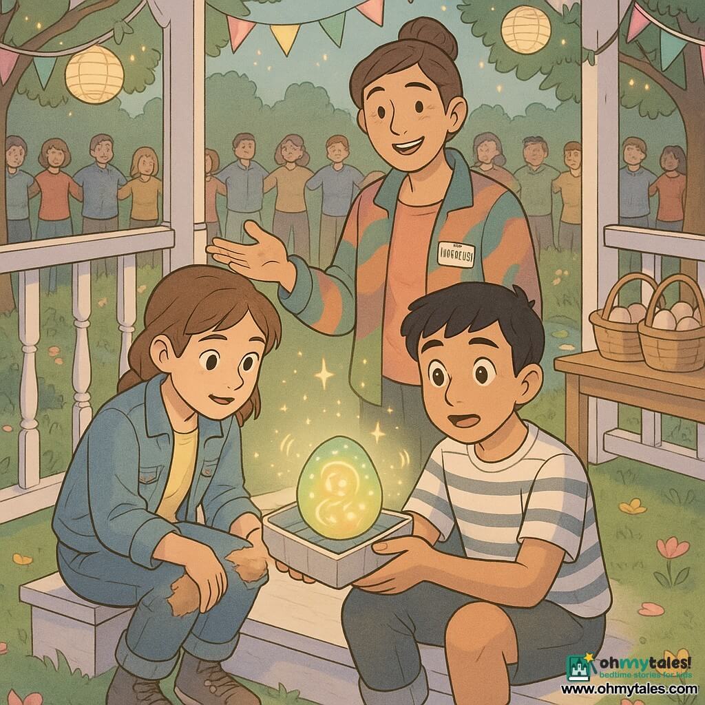 Three characters: Mia, 11, mid‑brown hair in a loose braid, light denim jacket, dirty knees, crouched left on the gazebo step, one hand gently holding a small glowing egg in a padded box; Leo, 11, short black hair, striped T‑shirt, thick socks visible, sitting to Mia’s right, supporting the egg with his other hand, face amazed, looking toward the viewer; Tessa, about 35, gray‑brown hair in a bun, colorful jacket, volunteer badge, standing behind them smiling with an open palm as if explaining. Location: small community garden clearing around a white wooden gazebo with pastel garlands and paper lanterns, green lawn strewn with pink and yellow tulip petals, wooden table with egg baskets in the background and a pond with water lilies visible. Main moment: revelation—Mia and Leo present a magical glass egg in a box emitting swirling green, gold, and pink bands; a chain of people of various ages link shoulders around the gazebo, faces bathed in warm soft light, joyful pastel tones, visible wood and fabric textures, tiny luminous sparks around the egg suggesting a musical hum.