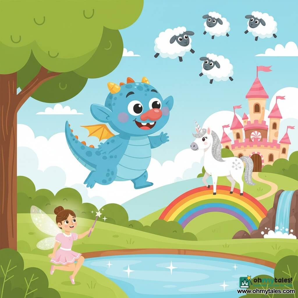 A small troll boy named Tilly, happy and amazed, has been transformed into a friendly dragon with a round body, sky‑blue scales, tiny translucent wings and a wide smile, flying over trees while a tiny glowing fairy named Lila in a pale pink dress waves a wand at the edge of a sparkling pond, a silver‑maned female unicorn stands on a rainbow bridge to a candy castle in the right background looking kindly, and a family of fluffy cloud‑sheep floats nearby; the scene shows a mirror‑like pond, rounded green "broccoli" trees and a small chocolate waterfall, a joyful, colorful fairy‑tale landscape with soft shapes.