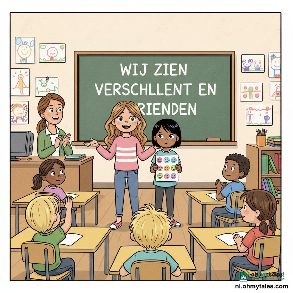Een 6-jarig meisje, Luna, glimlachend en zelfzeker met lichtbruin lang golvend haar, staat voor de klas te spreken met open gebaren; naast haar staat Sophie, ook 6, van buitenlandse afkomst met iets donkerdere huid en kort steil haar, verlegen maar opgelucht en met een klein kleurig bordje; de juf (30–40 jaar) zit bij het whiteboard, vriendelijk kijkend en zacht applaudisserend; Tom, 6, blond, zit vooraan en steekt nieuwsgierig zijn hand op; de lichte klas heeft kindertekeningen aan de muren, kleurrijke tafels en stoeltjes en een groot bord met “We zijn verschillend en vrienden”; situatie: kleine presentatie over tolerantie, warme inclusieve sfeer; stijl: strakke lijnen, felle kleuren, overdreven warme gelaatsuitdrukkingen, compositie gecentreerd op de twee meisjes om steun en vriendschap te tonen.