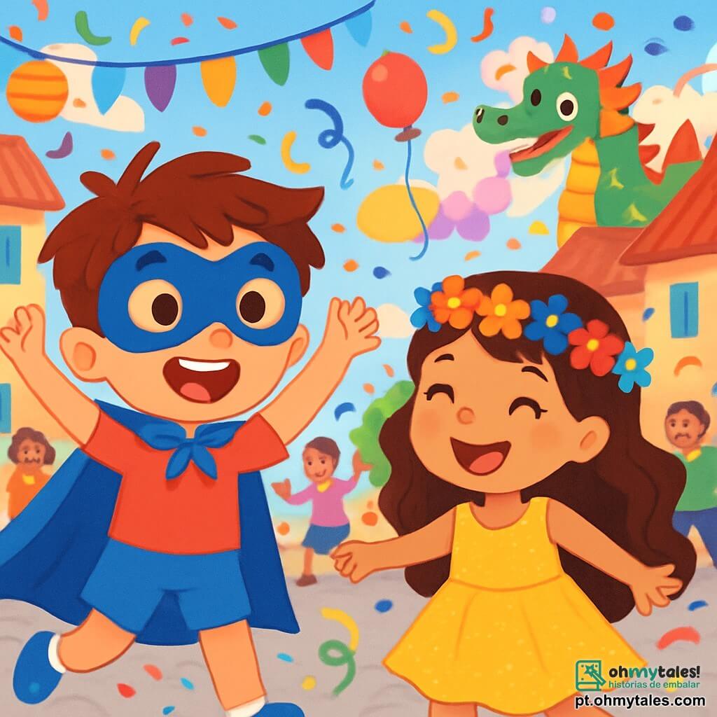 Há 2 personagens principais: Matias, um menino de 6 anos com cabelos castanhos bagunçados, usando uma capa azul brilhante e uma máscara de super-herói, está de pé com os braços levantados e um grande sorriso no rosto; e Luísa, uma menina de 6 anos com cabelos longos e cacheados, vestindo um lindo vestido amarelo cintilante e uma coroa de flores coloridas, ao lado de Matias, com os olhos brilhando de alegria, pronta para dançar. O cenário é uma rua movimentada de uma pequena vila, decorada com guirlandas coloridas e lanternas brilhantes. As casas de telhados vermelhos cercam a rua pavimentada, onde crianças e adultos dançam e riem, criando uma atmosfera festiva. Ao longe, um grande carro em forma de dragão solta fumaça colorida, acrescentando à magia do carnaval. A cena principal mostra Matias e Luísa de mãos dadas, rindo e dançando no meio da multidão alegre, cercados por confetes flutuantes e balões coloridos, prontos para viver uma aventura inesquecível no carnaval.