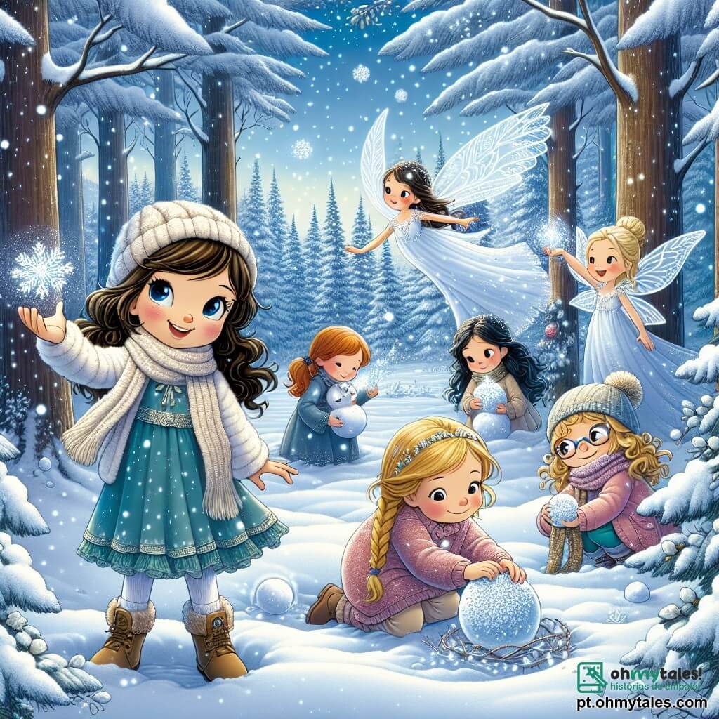 No centro da cena, Clara, uma menina de 8 anos com cabelos castanhos e cacheados, sorri alegremente segurando um delicado floco de neve na mão. À sua direita, Beatriz, uma menina de 7 anos com cabelos loiros trançados e bochechas rosadas, se entusiasma levantando uma grande bola de neve. À esquerda, Sofia, uma menina de 9 anos com cabelos negros e lisos, observa atentamente uma bela pena brilhante presa a um galho. Por fim, Luana, uma menina de 8 anos com cabelos castanhos e óculos, está agachada, examinando uma pedra cintilante na neve. O cenário é uma floresta mágica de inverno, com grandes árvores majestosas cobertas de neve cintilante e um solo coberto por um espesso manto de neve imaculada, enquanto flocos caem suavemente do céu azul claro, criando uma atmosfera encantadora. As quatro amigas estão em busca de elementos mágicos de inverno, cercadas pela beleza da natureza, enquanto uma pequena fada do gelo, Neve, as observa com um sorriso benevolente, pronta para incentivá-las em sua aventura.