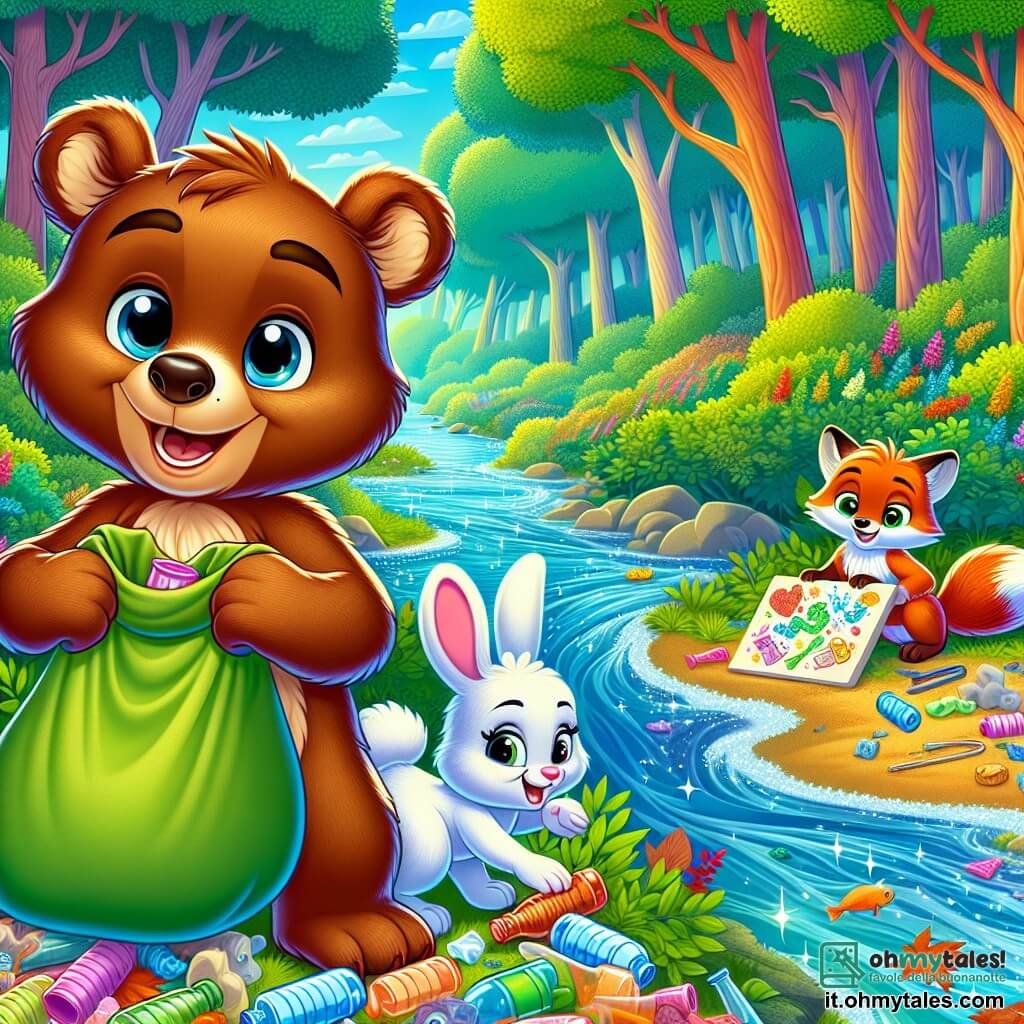 Un giovane orso bruno di nome Bruno, con un pelo morbido e lucente, mostra un grande sorriso entusiasta mentre raccoglie rifiuti colorati lungo un ruscello scintillante. I suoi occhi brillano di determinazione e gioia. Accanto a lui, un piccolo coniglio bianco di nome Leo, con grandi orecchie e uno sguardo curioso, tiene un sacco di tela pieno di rifiuti, mostrando un'espressione di orgoglio. Più in là, una volpe rossa di nome Tessa, con una coda folta, crea un'opera d'arte con materiali riciclati, sorridendo con soddisfazione. Lo scenario è una foresta verdeggiante, con alberi maestosi dalle foglie brillanti, fiori colorati sparsi sul terreno e un ruscello cristallino che serpeggia nel paesaggio. La scena mostra Bruno e i suoi amici intenti a pulire la foresta, raccogliendo rifiuti per proteggere il loro habitat, divertendosi e condividendo risate.