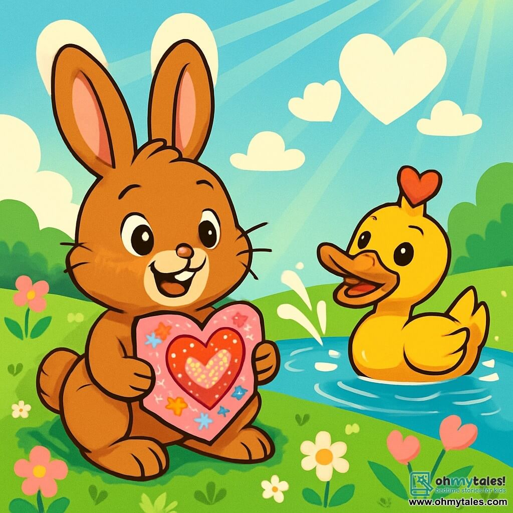 Benny Bunny, a little rabbit with big ears and soft brown fur, is sitting on the green grass, smiling brightly with sparkling eyes. He holds a heart-shaped card in his front paws, decorated with colorful drawings and glitter. Daffodil Duck, a playful duck with bright yellow feathers and a heart-shaped hat, is joyfully splashing in a nearby pond, looking at Benny with a warm smile. The setting is a charming meadow called Clover Meadow, dotted with pink and white flowers, under a clear blue sky with heart-shaped clouds. Sun rays illuminate the landscape, creating a joyful and festive atmosphere. Benny Bunny is preparing a Valentine's surprise for his friends, imagining cards and treats, while Daffodil Duck enthusiastically encourages him, adding to the magic of this special day.