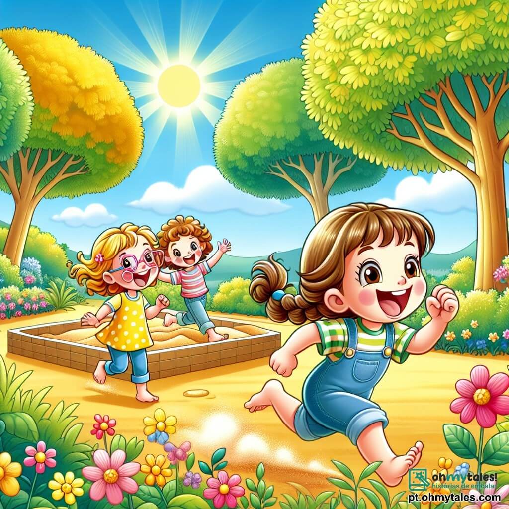 Três meninas alegres, Ana, Bia e Clara, com cerca de 8 anos, estão correndo em um parque ensolarado. Ana, com cabelos castanhos e óculos rosas, usa um vestido amarelo de bolinhas e ri muito. Bia, com cabelos loiros e cacheados, veste uma camiseta azul e um short jeans, acaba de tropeçar em uma pedrinha e está se levantando enquanto ri. Clara, com cabelos castanhos e uma trança, usa uma saia verde e uma camiseta listrada, para para encorajá-las com um grande sorriso. O parque é cheio de verde, com grandes árvores de folhas brilhantes, um céu azul claro e flores coloridas ao longo do caminho. Ao longe, há uma caixa de areia onde as crianças gostam de brincar. As três amigas estão correndo, rindo e se divertindo enquanto se dirigem para a caixa de areia, criando uma atmosfera de alegria e amizade.