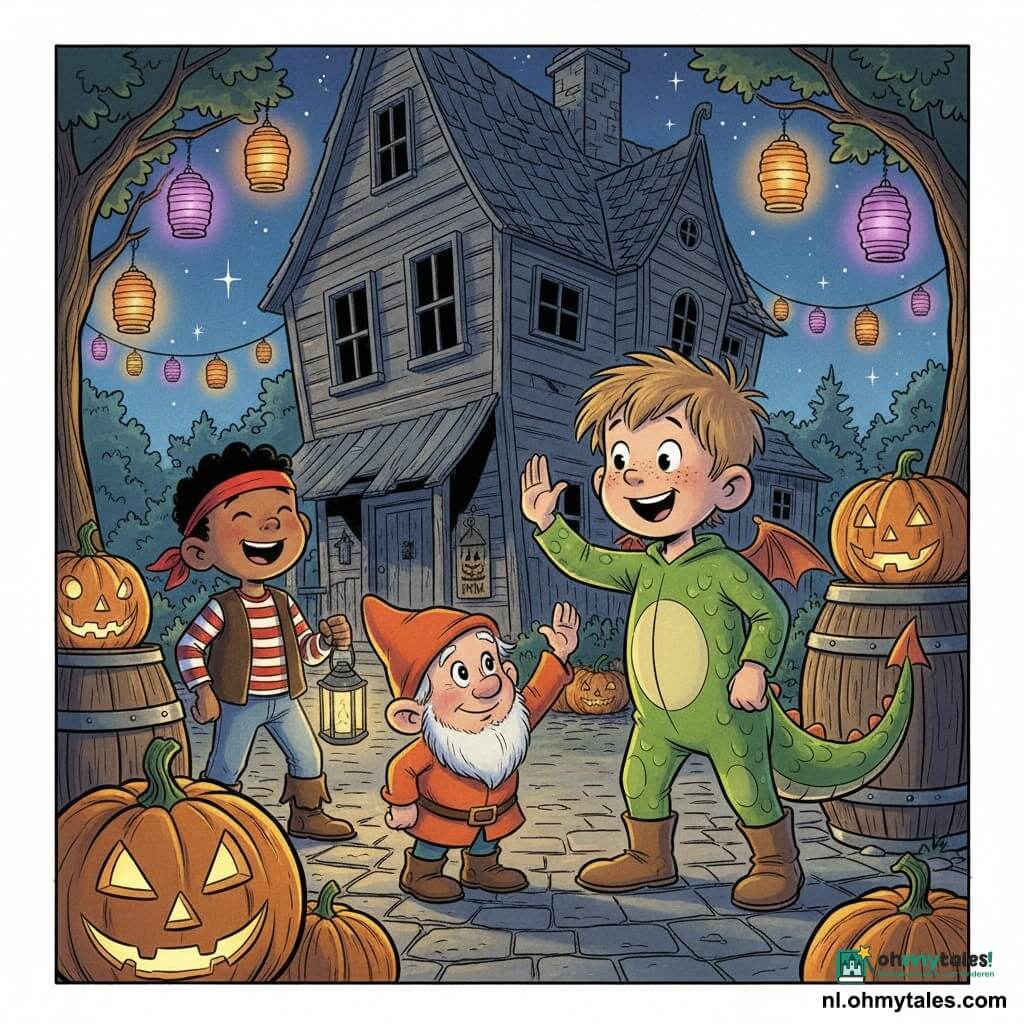 Een vrolijke Halloweenscène: een ongeveer 6-jarige jongen met rond gezicht en sproeten in een kleurrijk draakpak met glanzende groene schubben en puntstaart geeft een high-five, links iets achter hem staat Max, ook ongeveer 6, met kort zwart haar in een piratenkostuum met rood ooglapje en gestreept vest en houdt een papieren lantaarn vast; een vriendelijk gnoomje van ca. 30–40 cm met roze huid, korte baard en oranje puntmuts beantwoordt de high-five; alles speelt zich af op een open plek voor een houten spookhuis met ongelijke kasseien, uitgeholde pompoenen op vaten, oranje en paarse lampionnen en fonkelende sterren aan een diepblauwe nachtelijke hemel, warme sfeer en zacht lampionlicht.