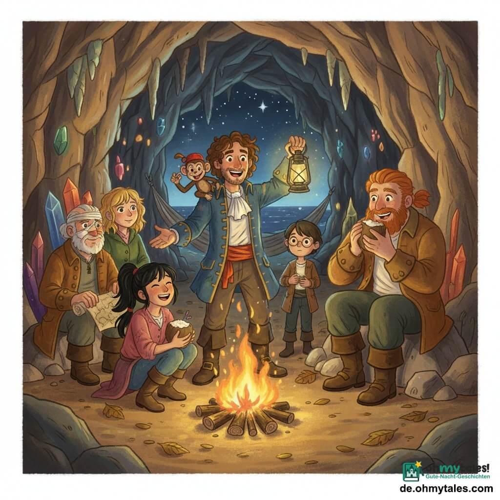 Ein Mann — Kapitän Joris — steht mittig, lächelnd und entschlossen, braune lockige Haare, abgetragene blaue Piratenjacke, rechte Hand einladend; ein Mädchen — Mira, ~17 — hockt links am Feuer, schwarzer Pferdeschwanz, neckischer Blick, hält eine Kokosnuss und lacht; ein Mann — Bors, ~25–30 — groß, breitschultrig, rote Bart, sitzt rechts auf einem Felsen und isst fröhlich eine Kokosnuss; ein junger Mann — Samu, ~20 — klein, ernst, runde Brille, hält hinter Joris eine alte Laterne mit bläulichem Licht; ein alter Seemann, ~60–70, mit Augenklappe und verblasstem braunem Mantel, sitzt am Höhleneingang, lächelt weise und hat eine zusammengerollte alte Karte bei sich; eine junge Überlebende, ~22, blonde zerzauste Haare, grüner Mantel, eng beim alten Seemann, leicht hinter Mira; ein kleiner Affe — Kokos — braunes Fell, rote Kappe, auf Joris’ Schulter, hält eine Kokosnuss, schelmischer Ausdruck. Ort: große trockene Küstenhöhle mit geschichteten Felswänden, funkelnden Stalaktiten und bunten Kristallen, Blätterboden und aufgehängten Hängematten, offen zu einer dunklen Bucht mit Meerblick. Szene: gemütliche, vertraute Runde um ein prasselndes Feuer in der Höhlenmitte, vereinte und entspannte Figuren, warme Farben (Orange, Rot, Braun) mit kühlen Akzenten (Blau, Grün) an den Wänden, Gouache-Textur, weiche Striche und leicht verschwommene Konturen für einen kindlich einladenden Eindruck.