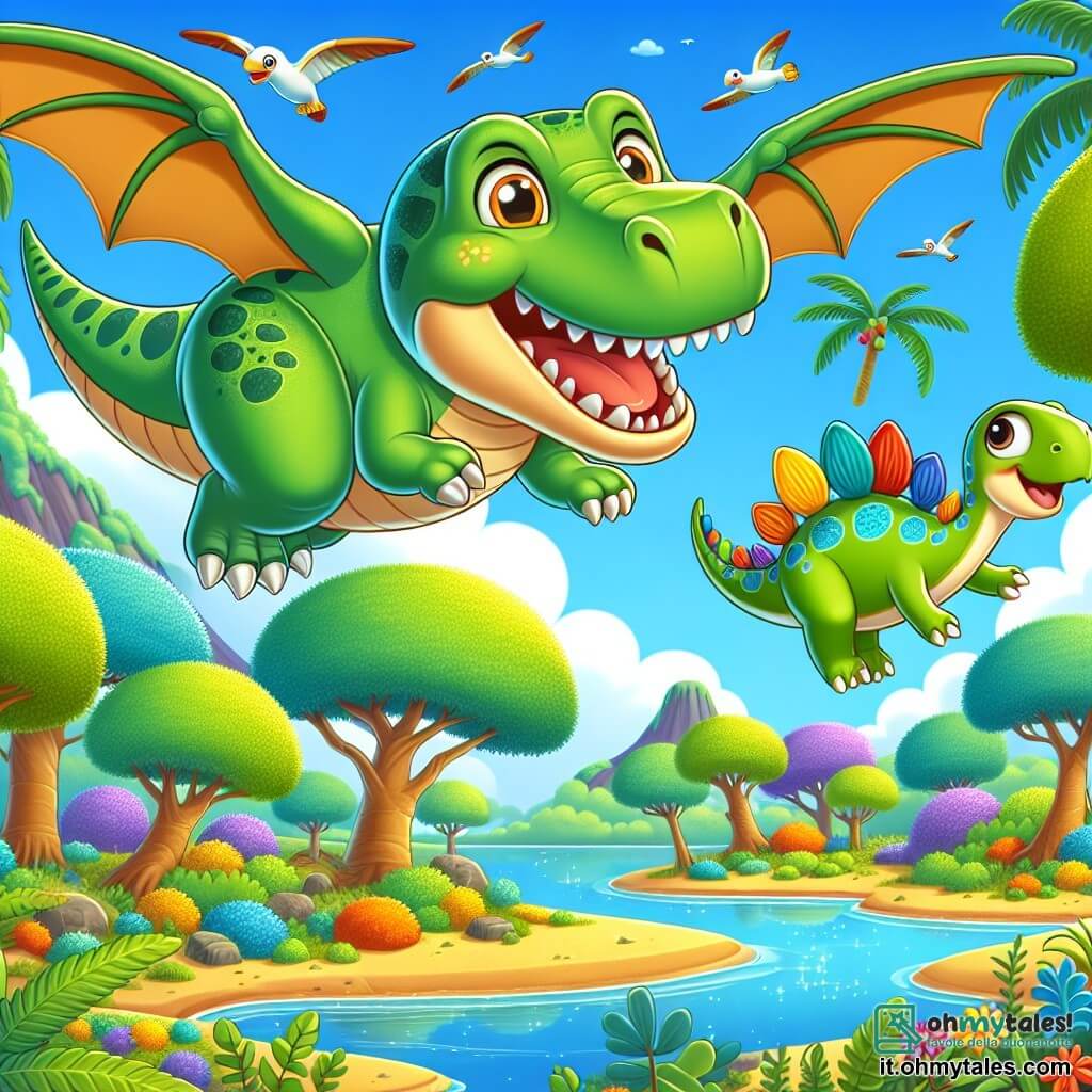 Un Tyrannosaurus Rex di nome Dino, con una pelle verde brillante e occhi scintillanti di gioia, vola nel cielo blu, con le grandi ali spiegate e un ampio sorriso sul volto. Accanto a lui, un piccolo stegosauro di nome Stego, con placche colorate sulla schiena e uno sguardo meravigliato, fluttua felicemente nell'aria, con le zampe anteriori tese verso Dino. Sullo sfondo, si estende un'isola lussureggiante, piena di grandi alberi con foglie vibranti, fiori multicolori e un lago scintillante sotto il sole. La scena mostra Dino e Stego mentre si divertono a volare insieme sopra l'isola magica, esplorando le meraviglie del loro ambiente preistorico.
