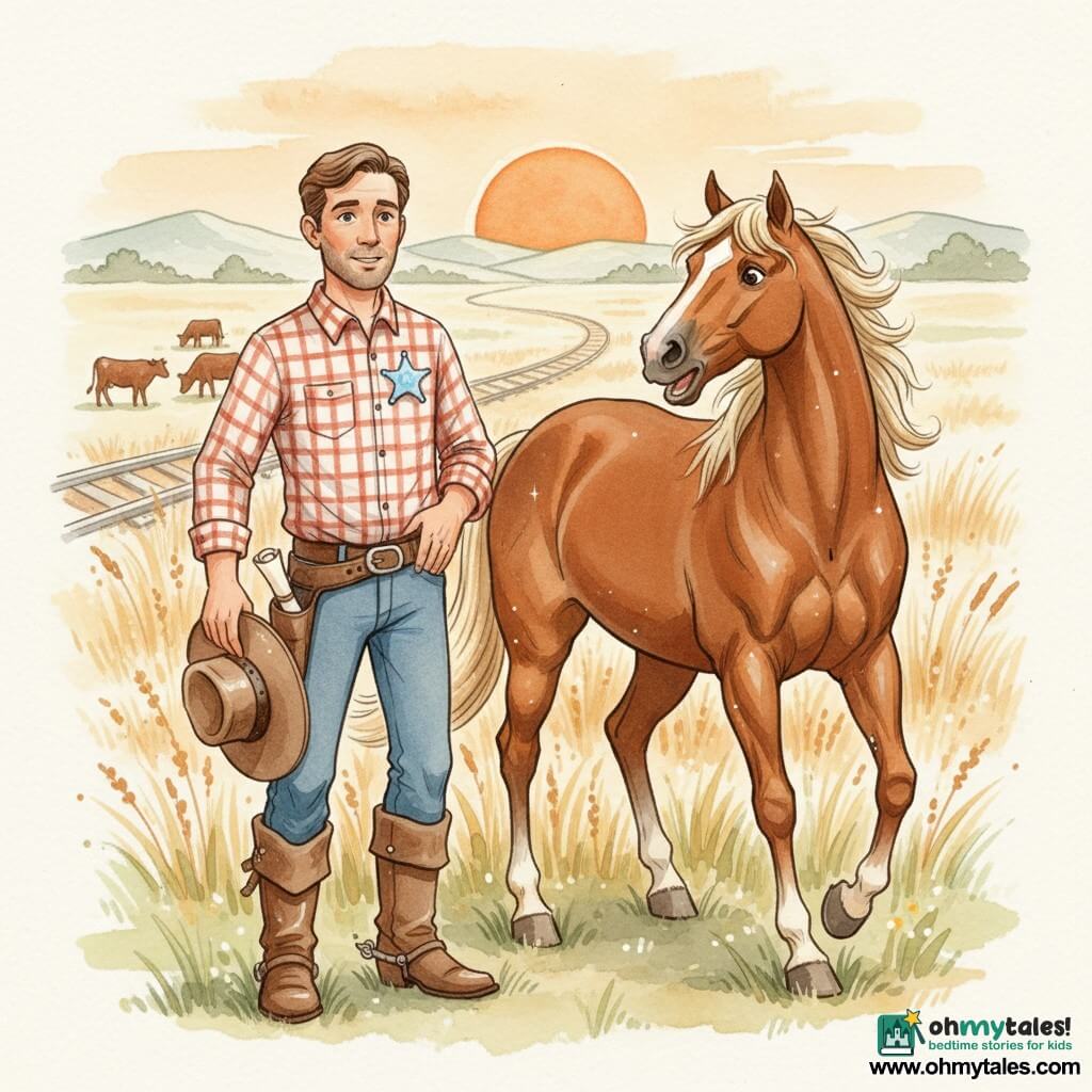 A man named Jack in his thirties, wearing a crumpled brown cowboy hat, kind smile and determined gaze, holds his hat while a small rolled paper falls from his pocket; he wears a red-and-white plaid shirt, dusty leather boots and a shiny sheriff's star. Beside him to the right stands Star, a tall chestnut horse with a cream mane, ready to gallop, while distant brown cows dot the prairie to the left and an orange, round sun rises over tall dry grasses, gentle hills and an old winding railroad. Jack has just found a small fallen map, surprised but courageous and ready to set off on an adventure with Star at sunrise. Soft watercolor palette: warm tones (orange, ochre, brown), touches of pale green, paper textures and fine white gel-pen highlights.