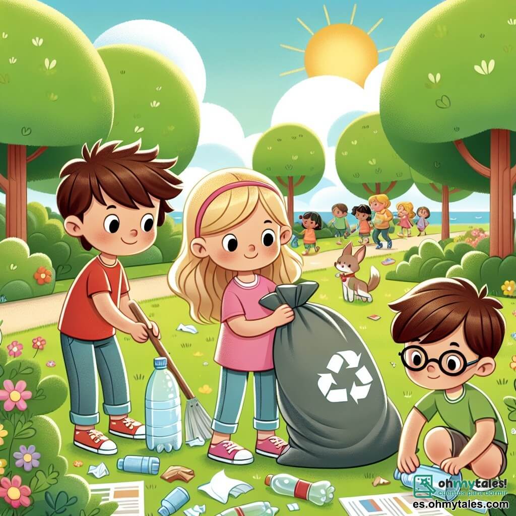 En un parque soleado, tres amigos están limpiando la naturaleza. Tomás, un niño de seis años con cabello castaño alborotado y una camiseta roja, sostiene un gran cubo de basura y sonríe mientras recoge desechos. A su lado, Sofía, una niña de seis años con cabello largo y rubio, lleva un vestido rosa y recoge botellas de plástico con determinación. Lucas, un niño de seis años con gafas y cabello castaño, está agachado cerca de un árbol, separando los desechos reciclables en otra caja. El parque está lleno de flores coloridas, grandes árboles verdes y un césped bien cuidado, pero hay trozos de papel y botellas esparcidos por el suelo. A lo lejos, se ven niños jugando y adultos paseando con sus perros, todos sonriendo y disfrutando del hermoso día. La escena muestra a los tres amigos unidos en su misión de hacer el parque limpio y acogedor, con bolsas de basura llenas de desechos a su lado y rayos de sol iluminando su arduo trabajo.
