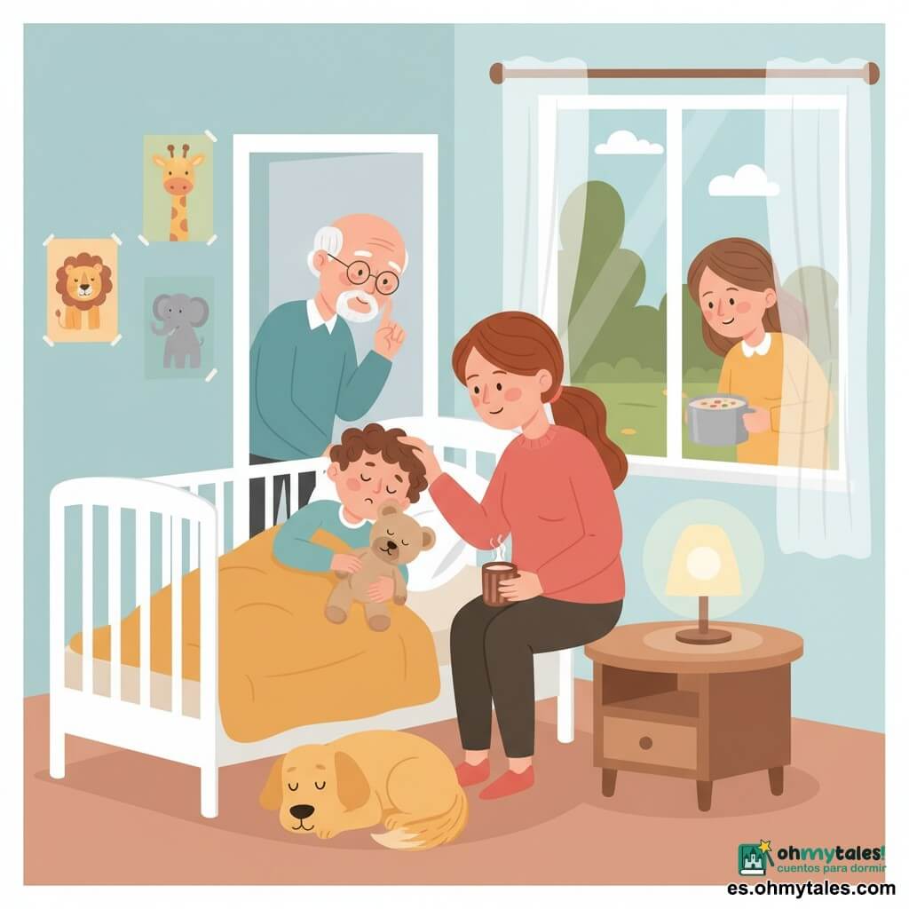Mateo, un niño de 4 años, acostado en una pequeña cuna, rostro redondo y cabello castaño rizado, expresión cansada pero serena, cubierto con una gran manta mostaza y abrazando su osito de peluche beige; la madre, unos 30 años, cabello castaño largo recogido, sonriente y suave, sentada al borde de la cama susurrando, con una mano en la frente de Mateo y la otra dejando una taza de chocolate caliente en la mesita; el abuelo, unos 70 años, cabello blanco y gafas redondas, de pie en la puerta al fondo haciendo gesto de silencio; el perro Rayo, de tamaño mediano y pelaje dorado, acostado a los pies de la cama con los ojos entrecerrados; la vecina Marta, unos 40 años, vista desde la ventana del jardín con una olla de sopa, inclinada y hablando en voz baja; la habitación pequeña y luminosa con paredes azul pastel, cortinas blancas translúcidas, una lámpara de noche con luz suave y pósters de animales; escena tranquila de reposo por enfermedad, familia hablando en voz baja, ambiente acogedor y colores cálidos, composición centrada en la cama de Mateo.