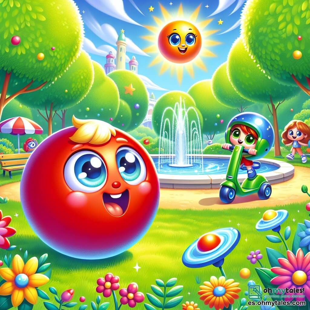 En un parque soleado, una alegre pelota roja llamada Pepo, con ojos brillantes y una gran sonrisa, rueda sobre la hierba verde, llena de alegría y emoción, lista para comenzar una nueva aventura veraniega. Junto a ella, una cometa azul llamada Lila, flotando en el aire, se balancea suavemente, sus colores vivos brillan bajo el sol y tiene una expresión curiosa y juguetona. No lejos, un patinete verde llamado Vera, con ruedas brillantes, se desliza ágilmente por el camino, su expresión está llena de entusiasmo y determinación. El parque está lleno de grandes árboles con hojas exuberantes, flores coloridas que bailan al viento y una fuente brillante que salpica alegremente. En el centro de esta escena animada, Pepo, Lila y Vera se reúnen alrededor de una gran mesa de pintura, donde preparan juntos un mural colorido, riendo y compartiendo ideas creativas, listos para crear una obra de arte colectiva para celebrar su amistad y el verano.