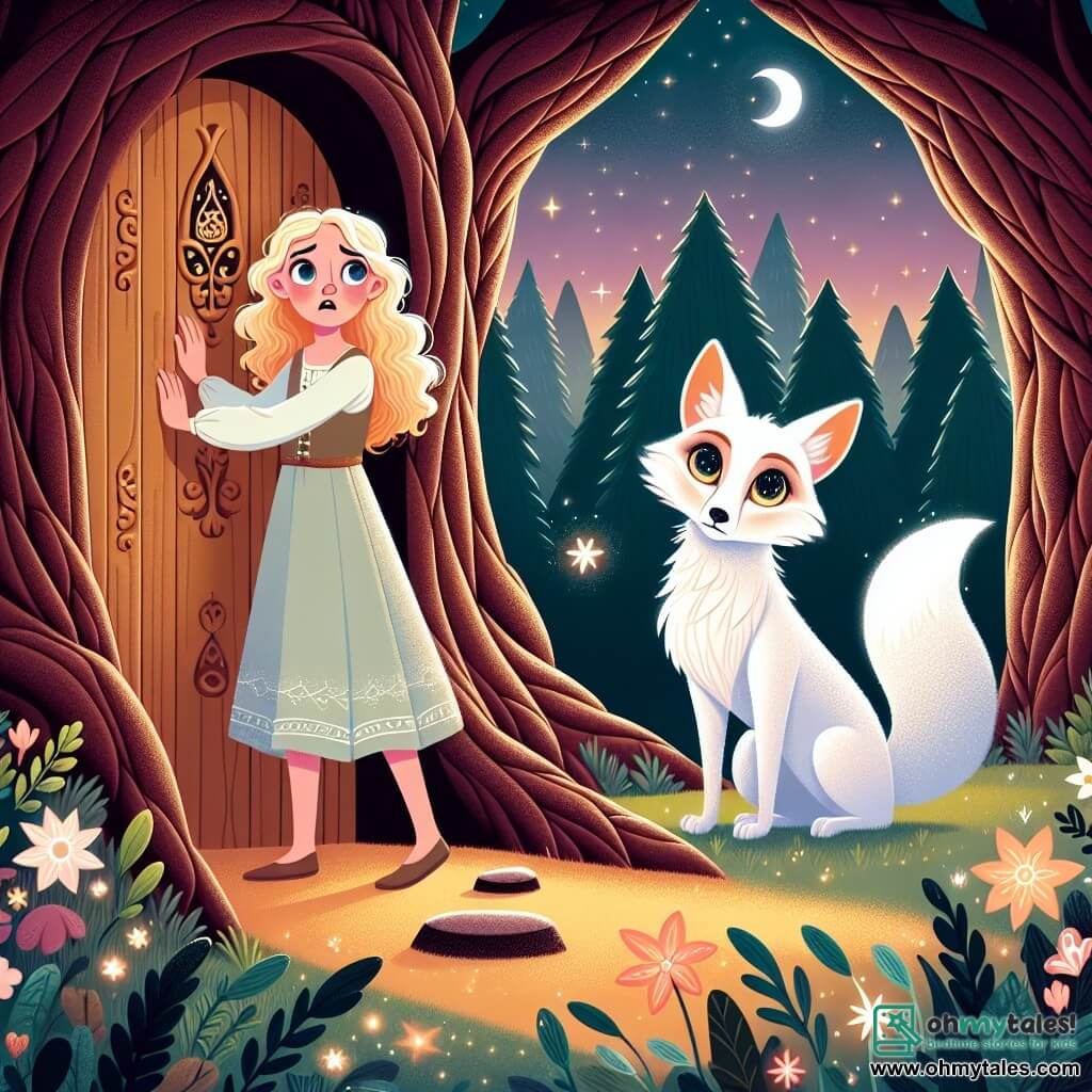 Elara, a young woman with golden hair and sparkling curious eyes, stands before a carved wooden door in a massive oak. She wears a light pastel-colored dress, and her face expresses both wonder and determination. Beside her, a majestic fox with bright white fur and star-like eyes watches her kindly from a small rock, ready to guide Elara into this enchanted world. The setting is a magical forest, with tall majestic trees whose leaves shimmer under the twilight. Vividly colored and strangely shaped flowers cover the ground, while fireflies dance in the air, adding a touch of whimsy to the atmosphere. The main scene shows Elara, fascinated, gently pushing the oak door, ready to enter a world filled with magic and adventure, as the fox encourages her with a wise and friendly gaze.