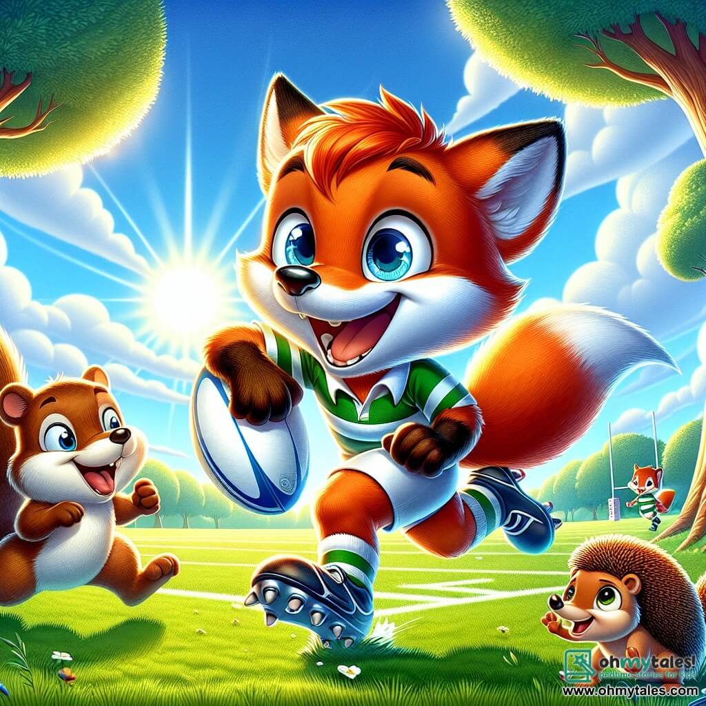 In the center of the image, a young fox named Felix, with bright orange fur and a bushy tail, expresses great joy and determination. He is running with a rugby ball tightly held between his paws, his eyes sparkling with excitement as he prepares to score a try. To his right, Sam, a mischievous squirrel with brown fur, jumps enthusiastically with his little front paws raised, ready to cheer on his friend. On the left, Holly, a hedgehog with soft, spiky fur, smiles proudly, her little paws in a supportive position, admiring the scene. The setting is a lush rugby field surrounded by majestic trees with shiny leaves, under a bright blue sky dotted with fluffy white clouds. The sun shines, illuminating the field and creating a joyful and dynamic atmosphere. The main scene shows Felix in action, running towards the try line, surrounded by his friends who are cheering him on, capturing the spirit of teamwork and the excitement of a rugby match in the forest.