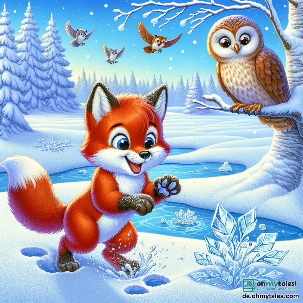 Ein kleiner roter Fuchs namens Felix mit glänzendem Fell und neugierigen, funkelnden Augen springt fröhlich im frischen Schnee und hinterlässt Pfotenabdrücke. Er lächelt breit, erstaunt über die Schönheit des Winters. In der Nähe sitzt eine weise Eule namens Ella mit braunen Federn und runden, schelmischen Augen auf einem Ast. Sie schaut Felix amüsiert an und ist bereit, ihr Wissen über die Magie des Winters zu teilen. Die Szenerie ist eine wunderschöne Winterlandschaft: ein weites Feld mit funkelndem Schnee unter einem hellblauen Himmel, durchzogen von sanft fallenden Schneeflocken. Bäume mit schneebedeckten Ästen stehen im Hintergrund und schaffen eine märchenhafte Atmosphäre. Die Hauptsituation zeigt Felix, der zarte Eisblumen auf einem gefrorenen Teich entdeckt, während Ella ihm deren Entstehung erklärt und einen Moment des Staunens und Lernens im Herzen des Winters schafft.